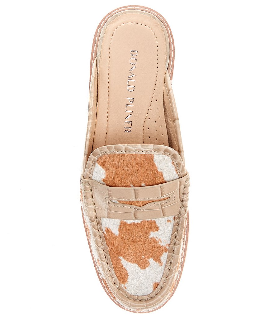 Donald Pliner Hillie Cow Print Calf Hair Penny Lug Sole Loafer Mules