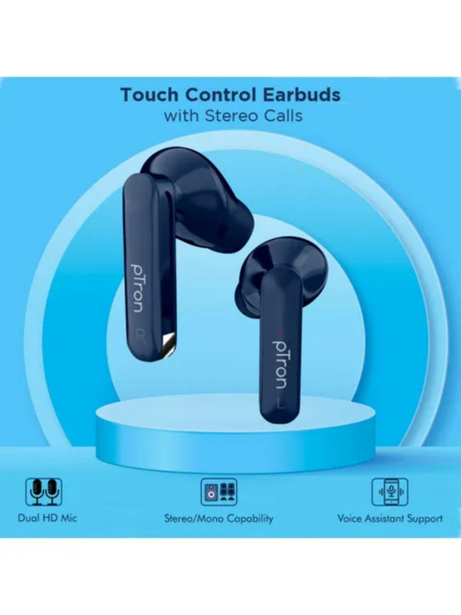 PTron Bassbuds Duo Bluetooth 5.1 Wireless Earbuds Stereo Audio Touch Control (Blue)