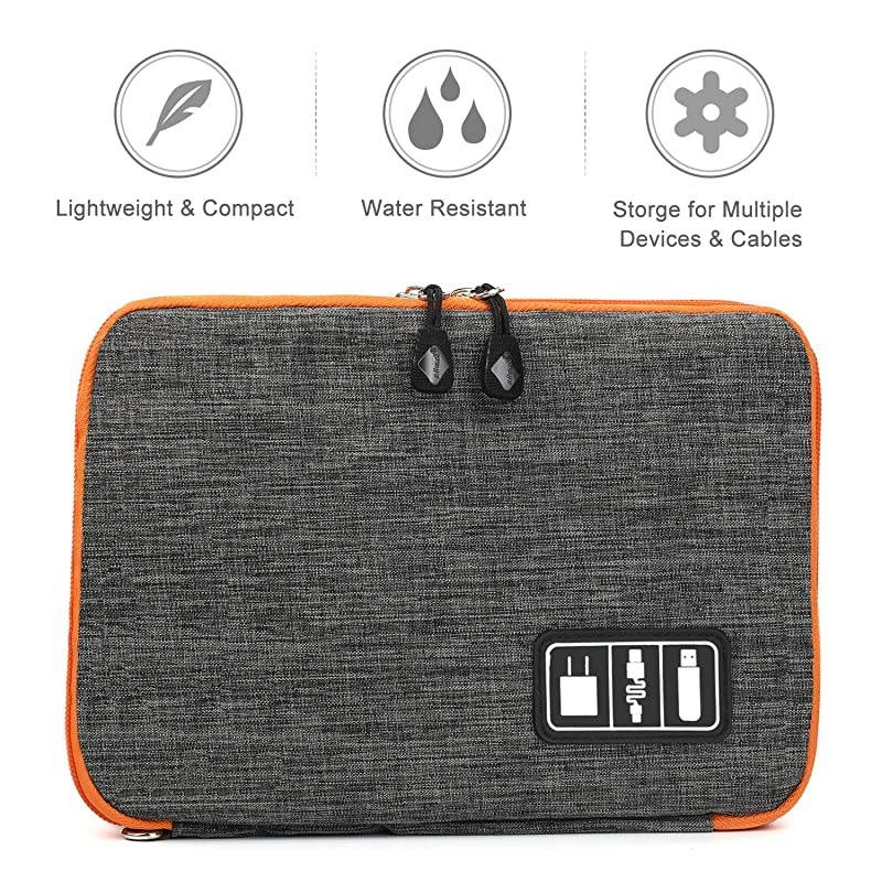 Electronics Organizer,  Electronic Accessories Cable Organizer Bag Waterproof Travel Cable Storage Bag for Charging Cable, Cellphone, Mini Tablet (Up to 7.9'') and More (Orange and Gray)