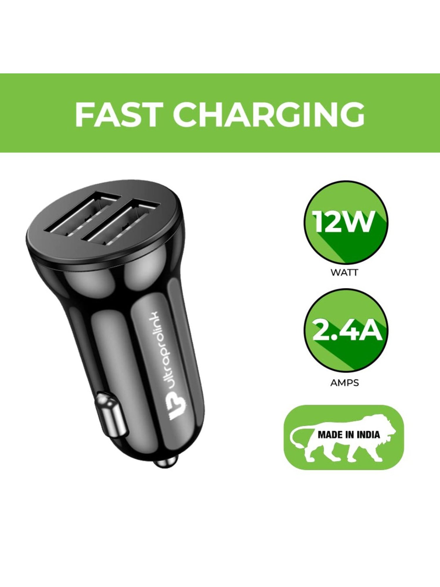 UltraProlink Mach12 UM1144C Fast Car Charger with Dual USB Ports, 2.4A/12W with Type C 1M Cable