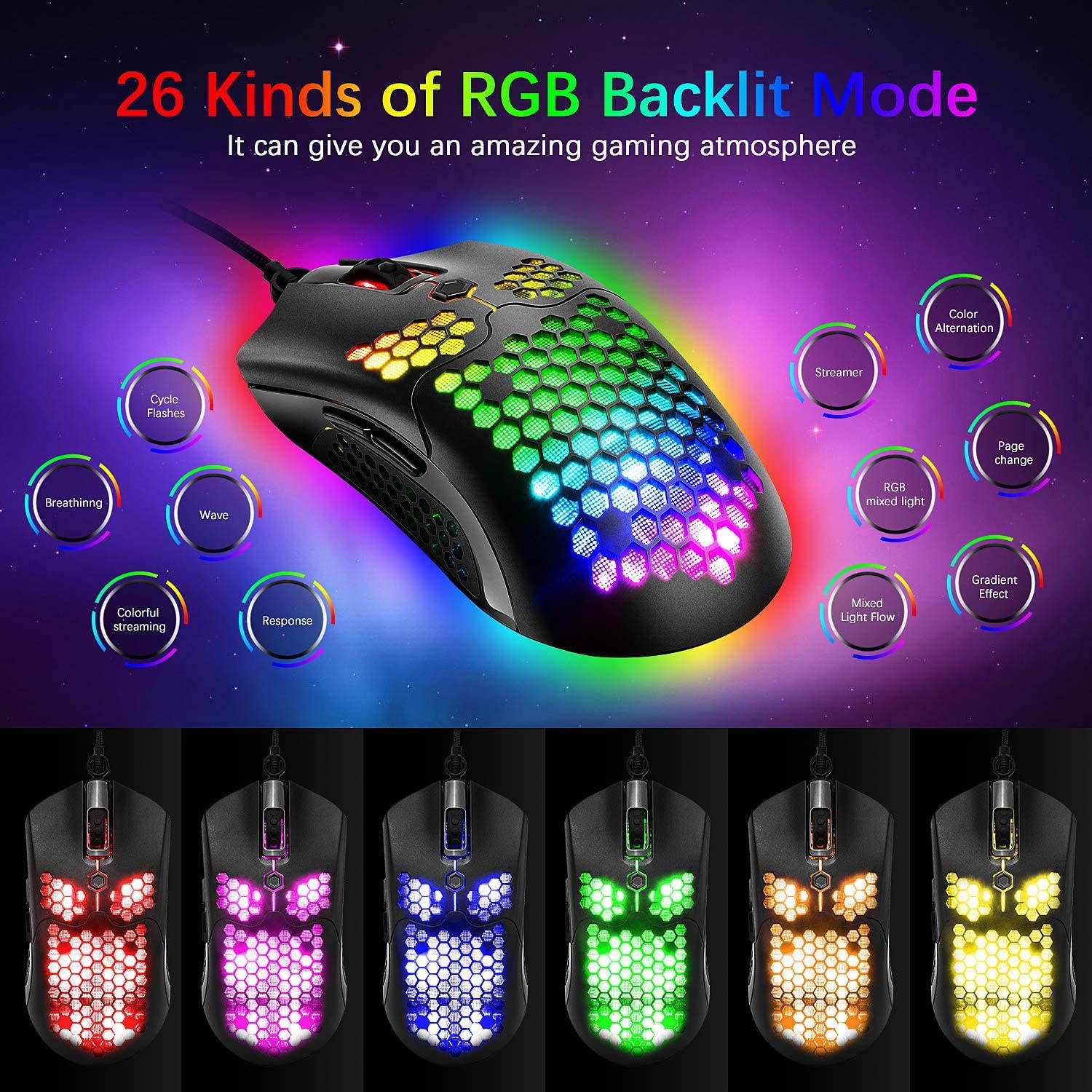 Wired Lightweight Gaming Mouse,26 RGB Backlit Mice with 7 Buttons Programmable Driver,PAW3325 12000DPI Mice,Ultralight Honeycomb Shell Ultraweave Cable Mouse for PC Gamers and Xbox and PS4 Users