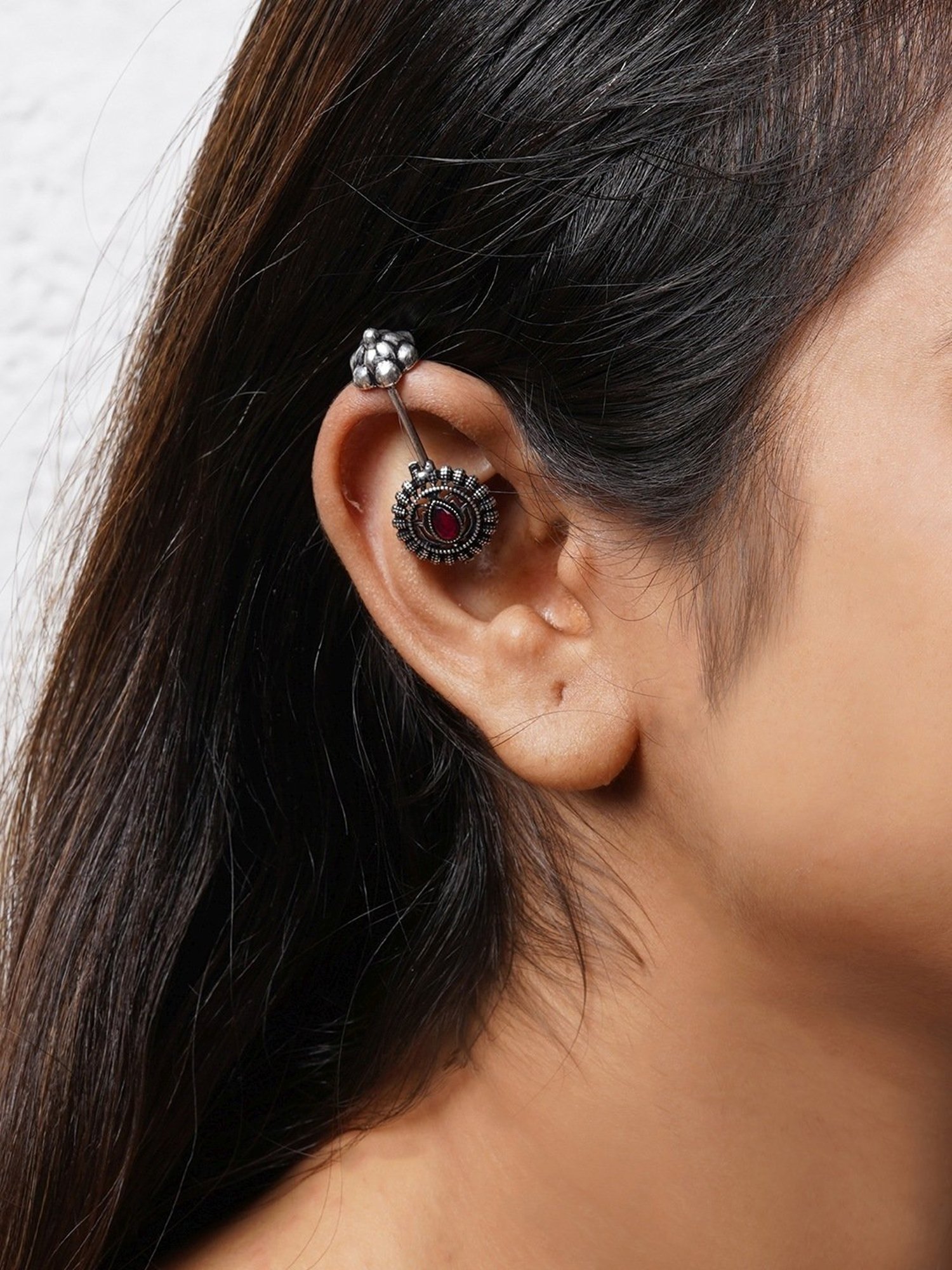 Teejh Ethnic Nitara Red Stone Silver Oxidized Ear Cuff Earrings