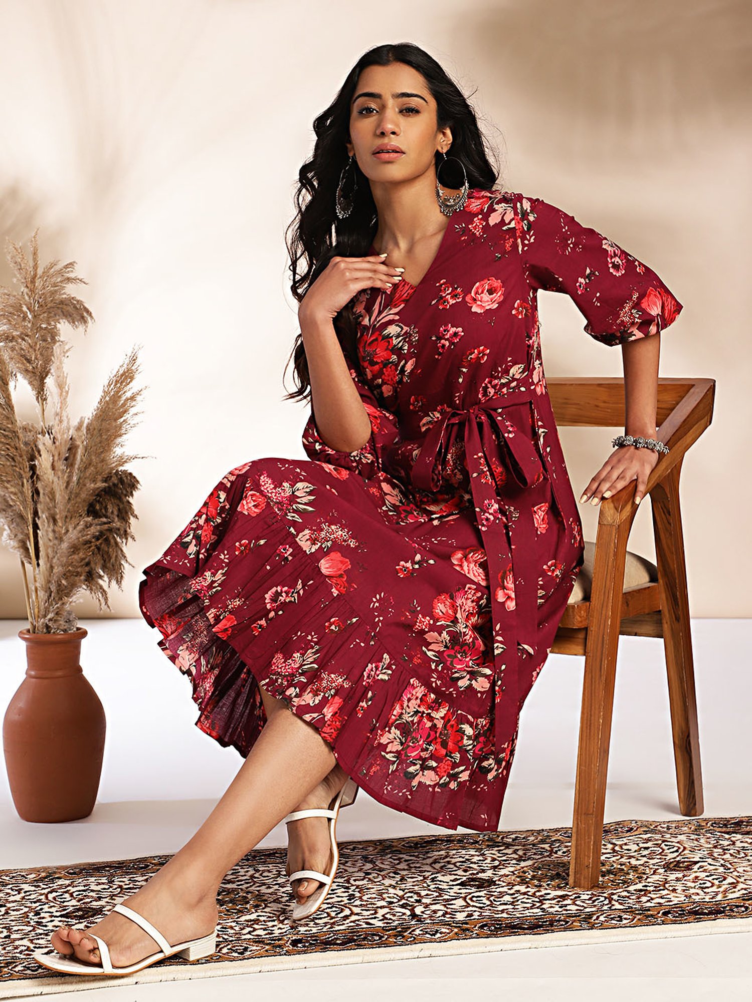 Janasya Purple Floral Print Ethnic Dress