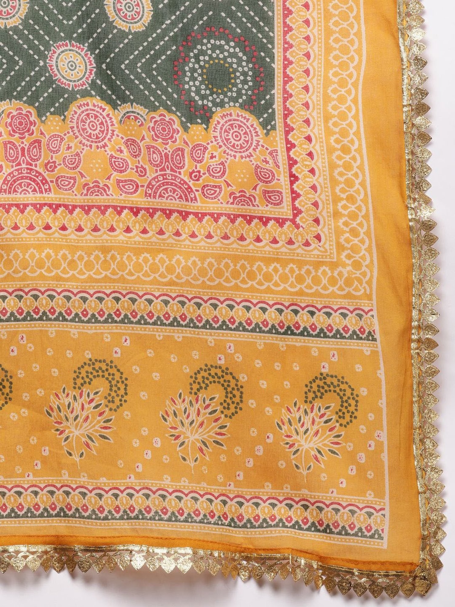 Anubhutee Yellow & Green Cotton Embroidered Kurta Pant Set With Dupatta