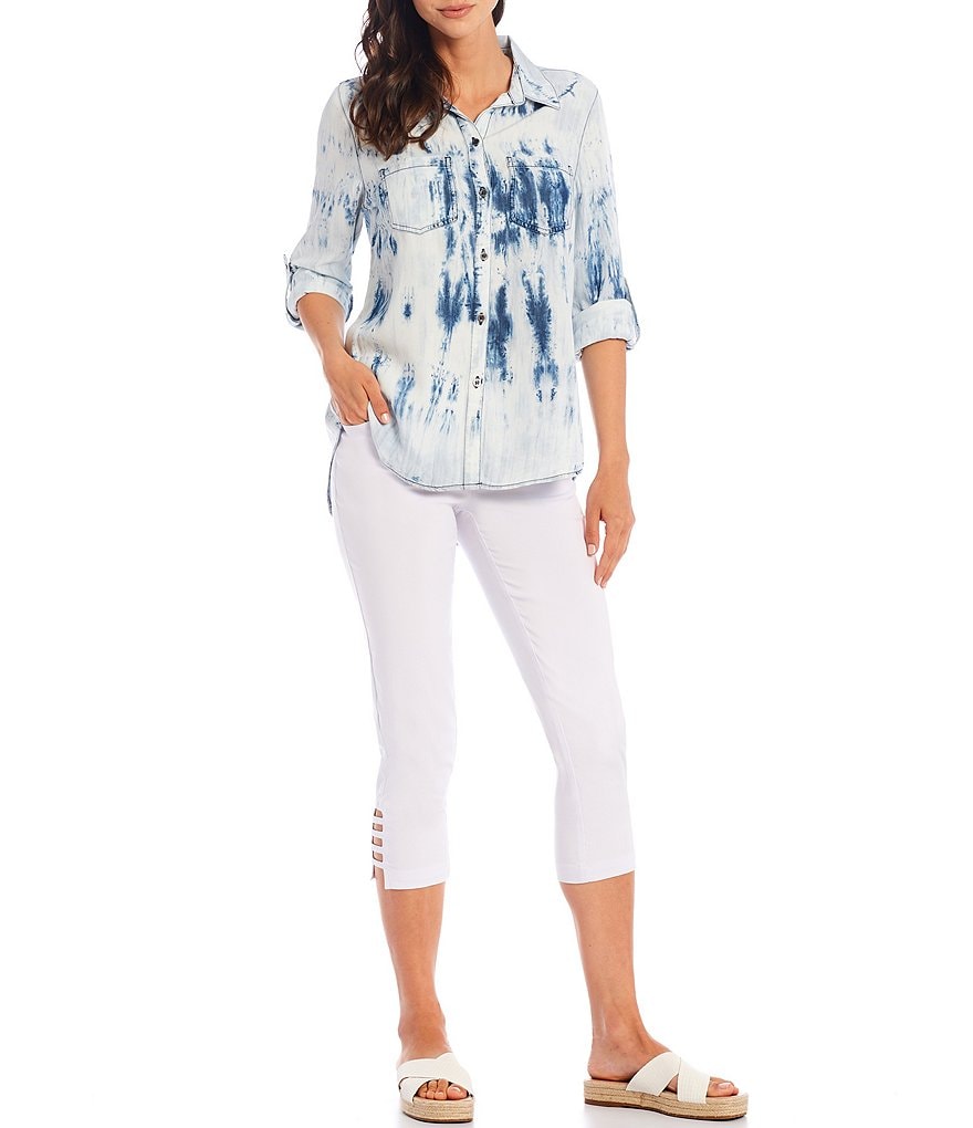 Multiples Tie Dye Denim Tencel Roll-Tab Sleeve Button Down Hi-Low Shirt