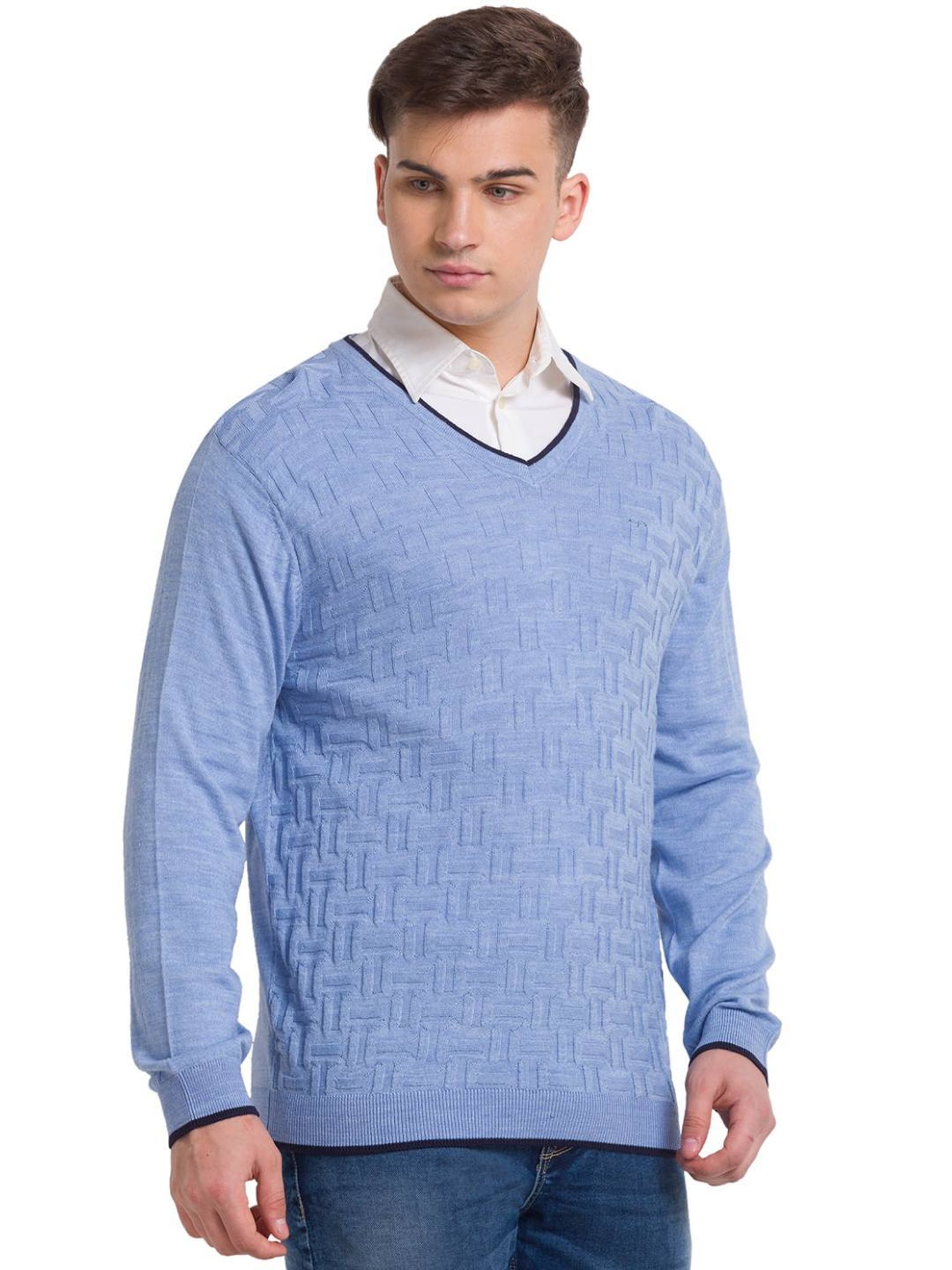 ColorPlus Blue Tailored Fit Self Pattern Sweater