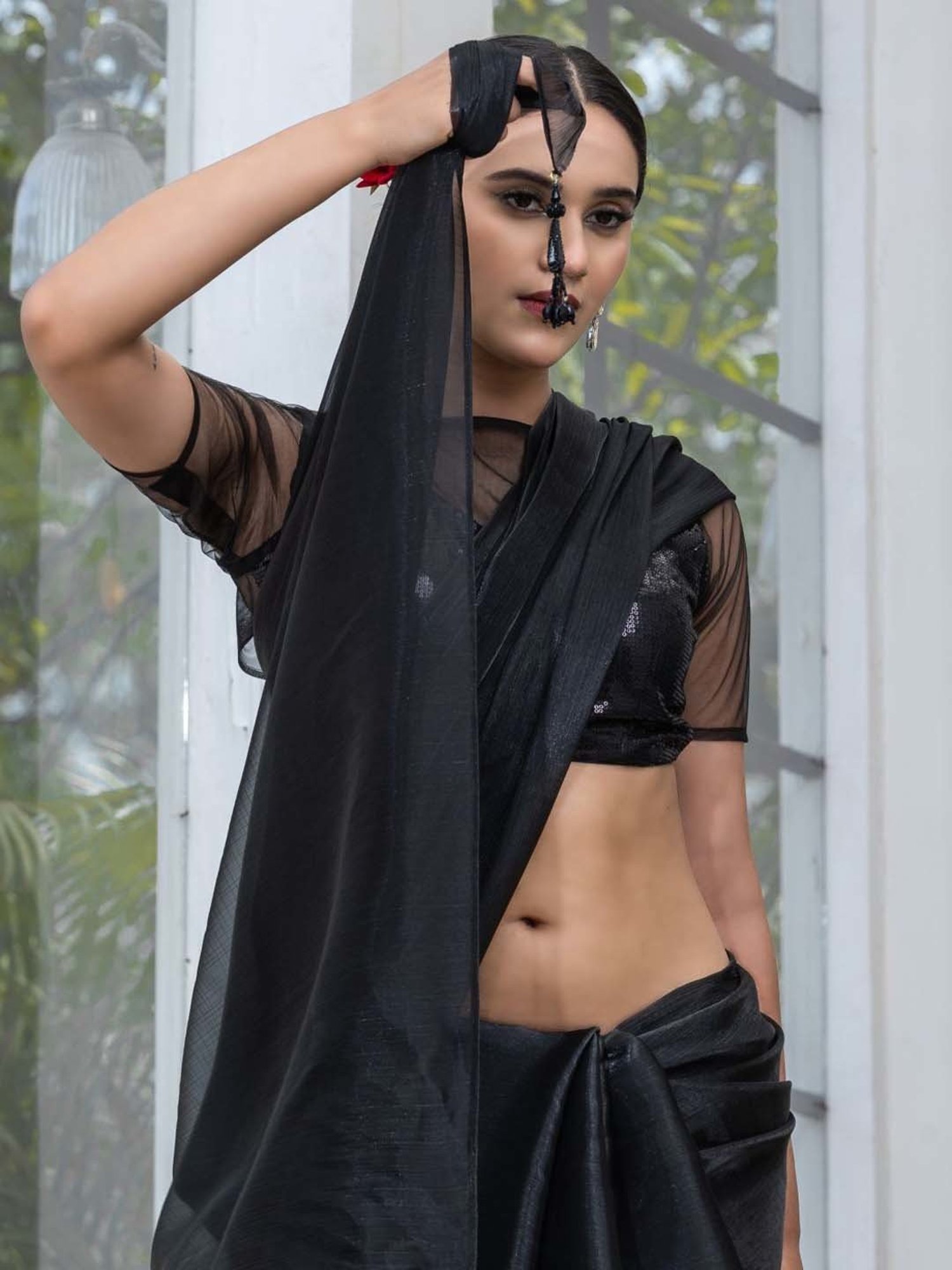 Swtantra Black Woven Saree With Unstitched Blouse