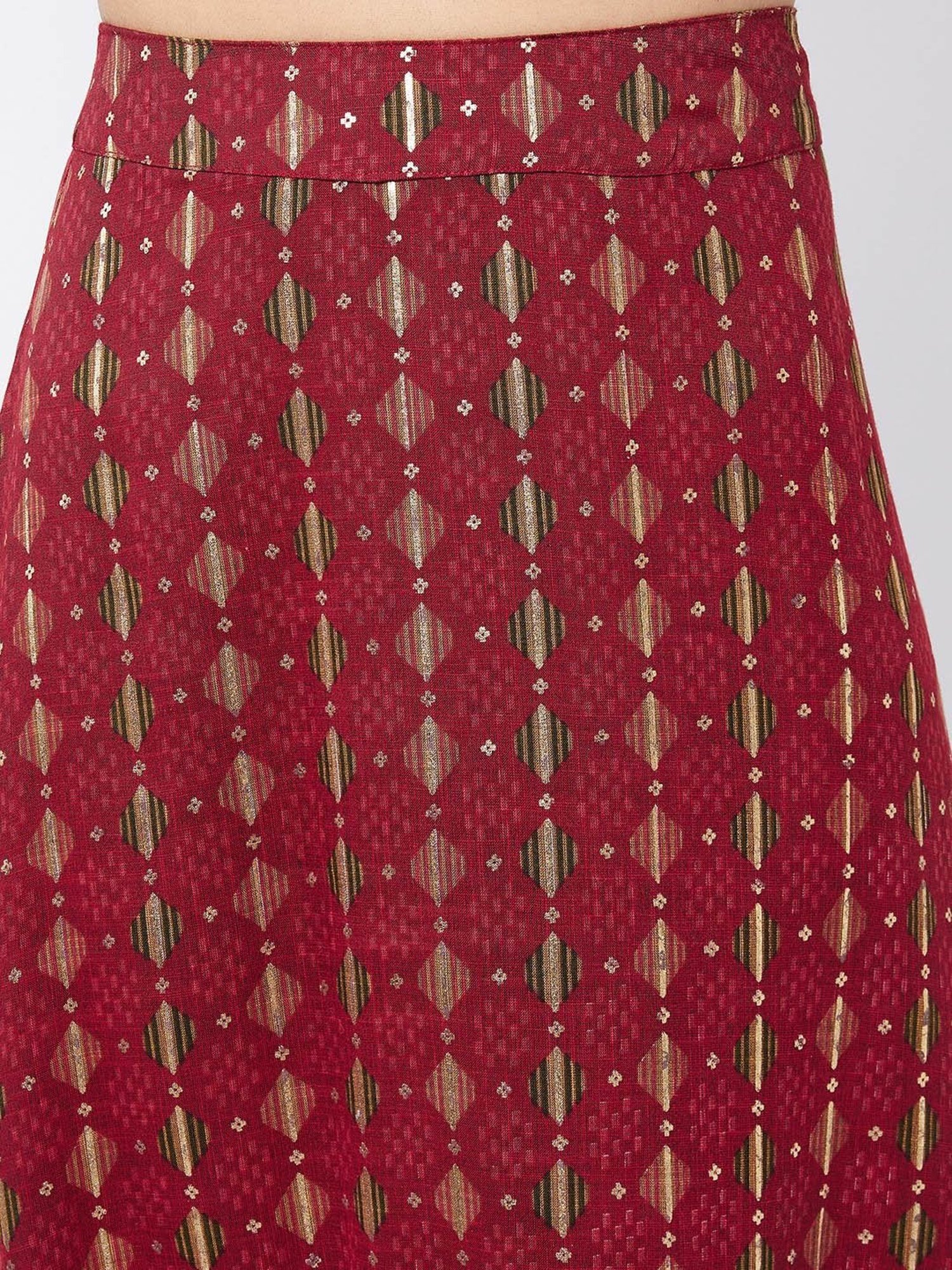 Inweave Red Cotton Printed A-Line Skirt