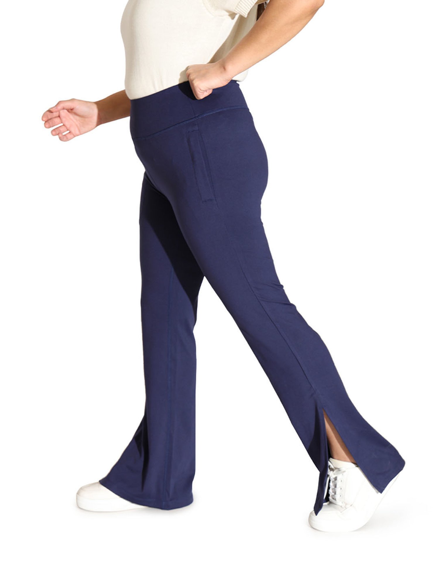 BlissClub Women Navy On-The-Go Slit Flare Pants Brushed For Extra Softness