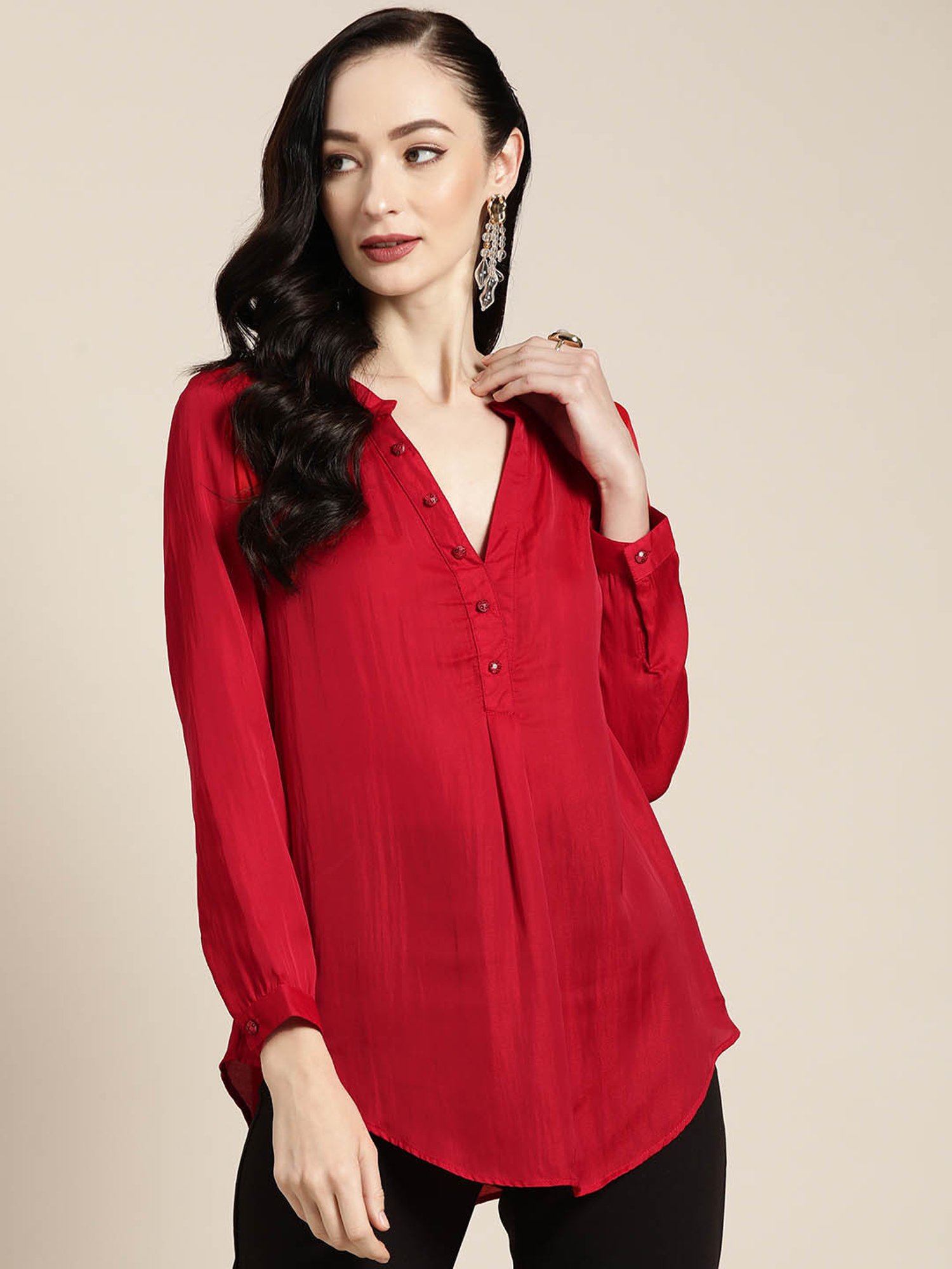 Qurvii Red Silk Regular Fit Top