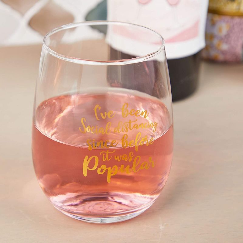 Okuna Outpost Stemless Clear Wine Glasses Cup, I've Been Social Distancing Since Before It Was Popular (15 oz)