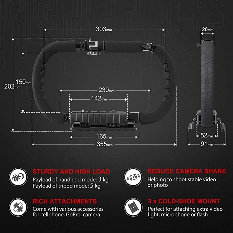 Camera Smartphone Stabilizer Foldable Handle Grip Handheld Video Rig with Carrying Case Compatibility with All GoPro Camera Camcorder DSLR Cell Phone iPhone Huawei Samsung etc