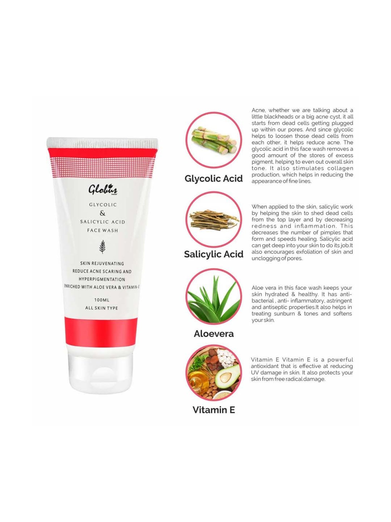 Globus Naturals Glycolic & Salicylic Acid Pimple Clear Face Wash - 100 ml