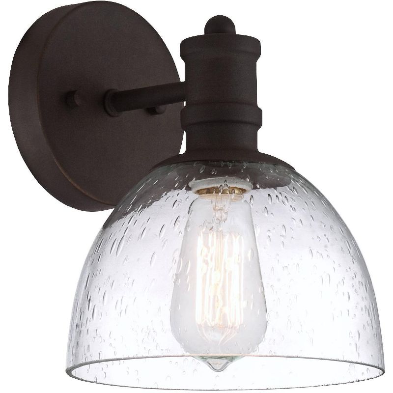 Franklin Iron Works Industrial Wall Light Sconce LED Bronze Hardwired 9 1/4" High Fixture Seedy Glass for Bedroom Bathroom Hallway