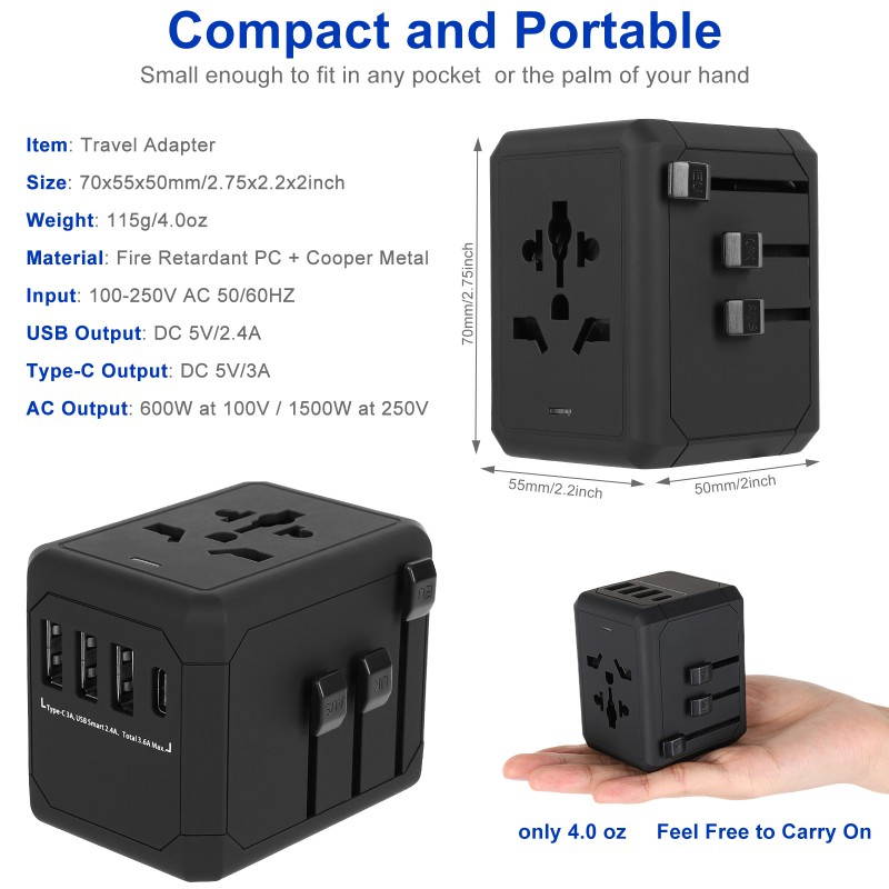 Universal Travel Adapter International Travel Adapter All In On World Power Adaptor Charger With 6.0A Smart Power & 3.6A USB Type-C For USA, EU, UK, AUS 150+ Countries