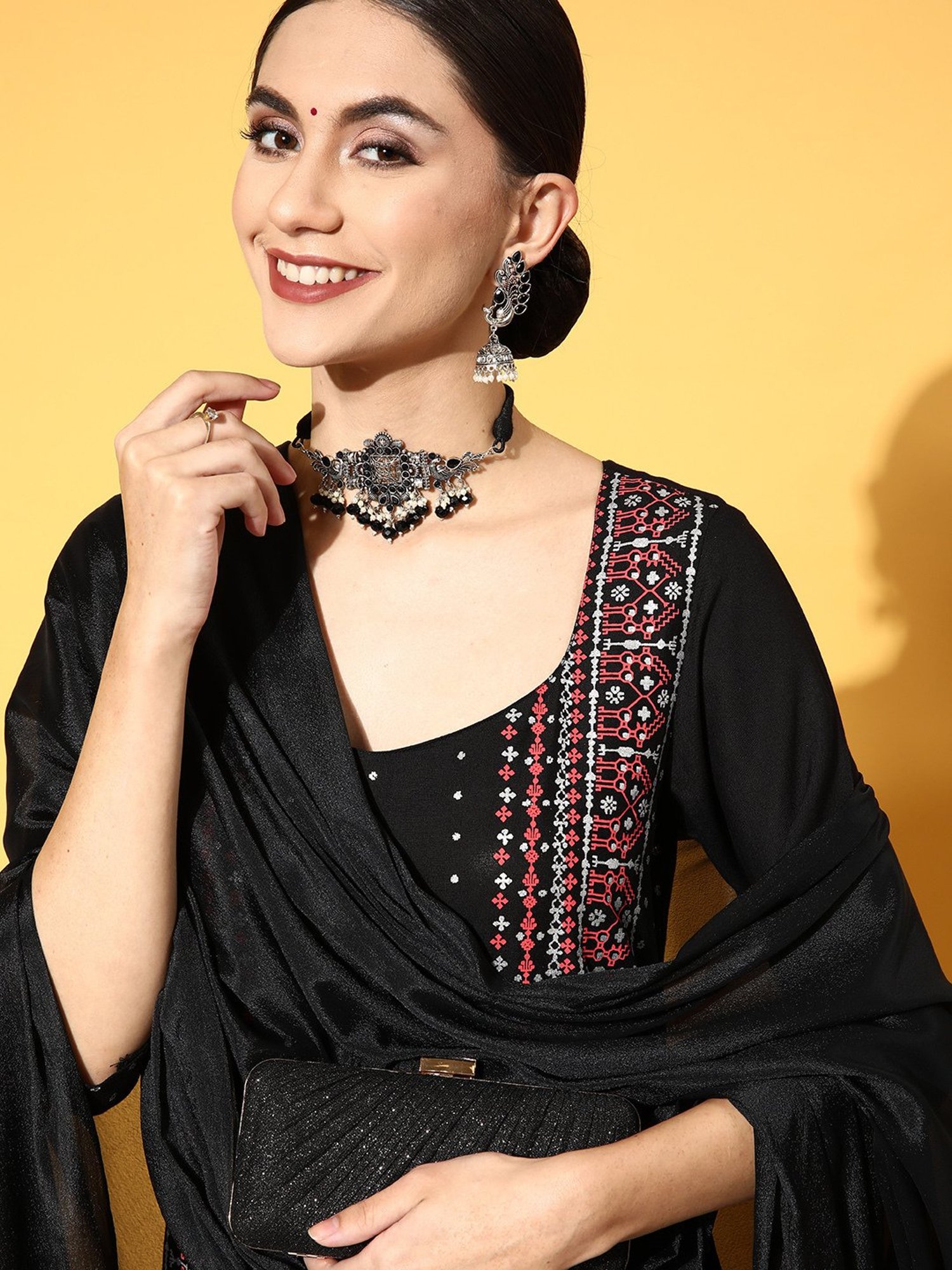 PANIT Black Printed Kurta With Pant & Dupatta Set