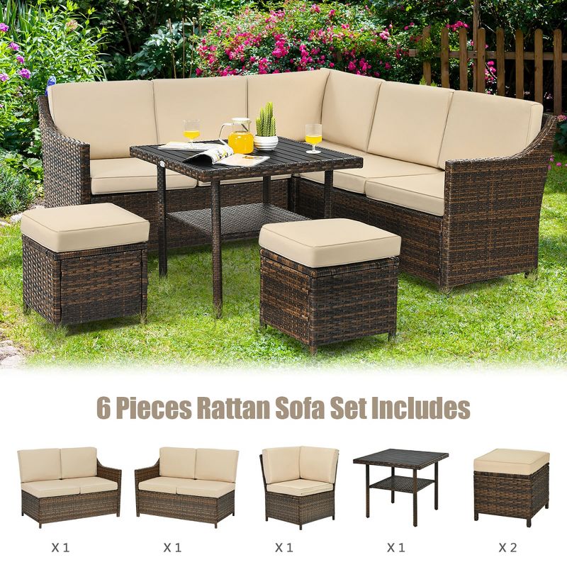 Costway 6PCS Patio Rattan Dining Sofa furniture Set Ottoman Table Lower Shelf