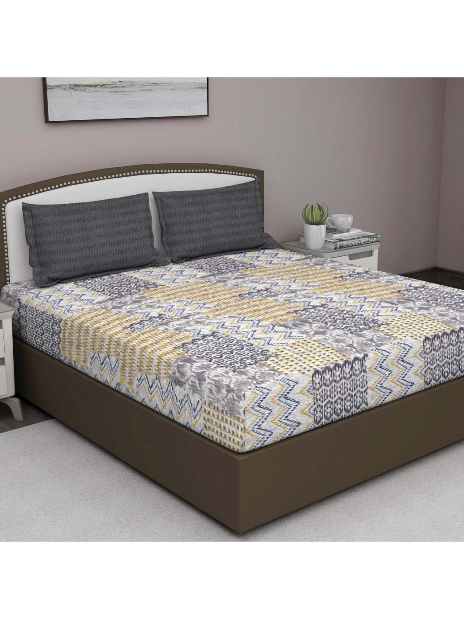 GM Grey & Beige 100% Cotton 180 TC Queen Bedsheet Set
