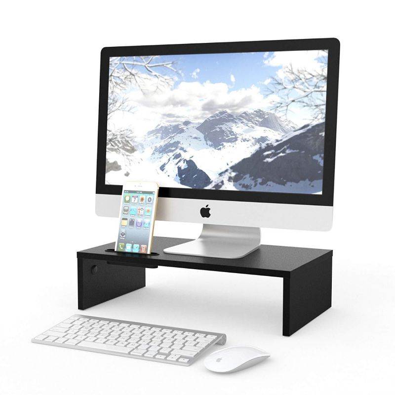 1homefurnit Wood Monitor Stand Riser Desk Storage Organizer, Speaker TV Laptop Printer Stand with Cellphone Holder and Cable Management, 16.7 inch Black