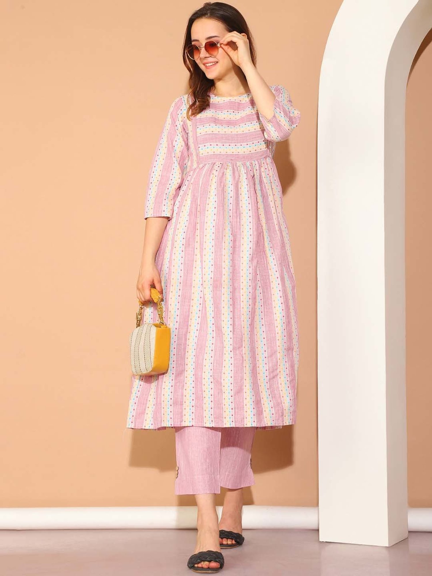 Moms Maternity Pink Striped Maternity Kurta & Pants