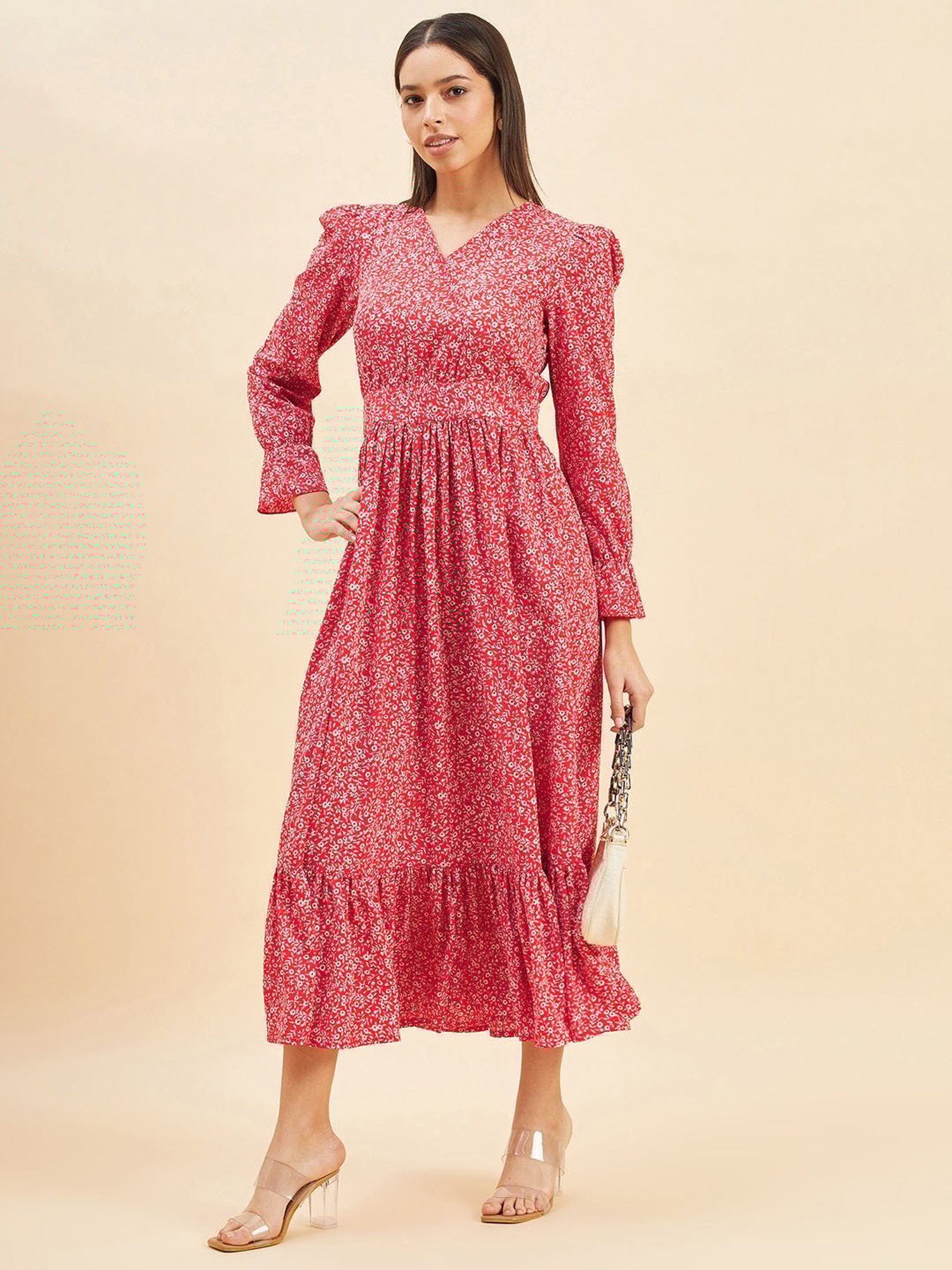 PANIT Red Floral Print Ethnic Dress