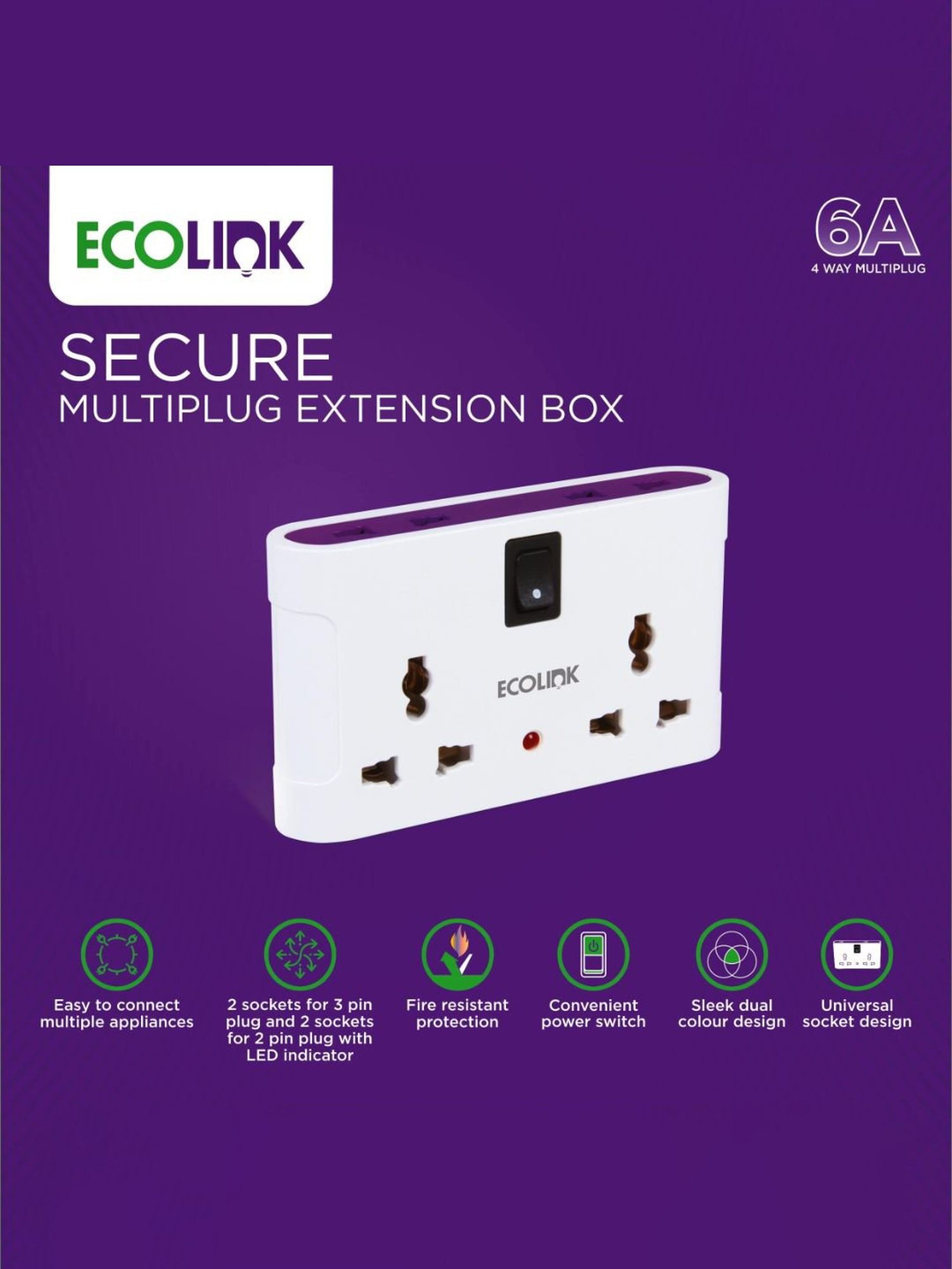 EcoLink Secure 4 way 6A Univeral Mulitplug Adpater Extension Box - Pack of 4 (White & Purple)