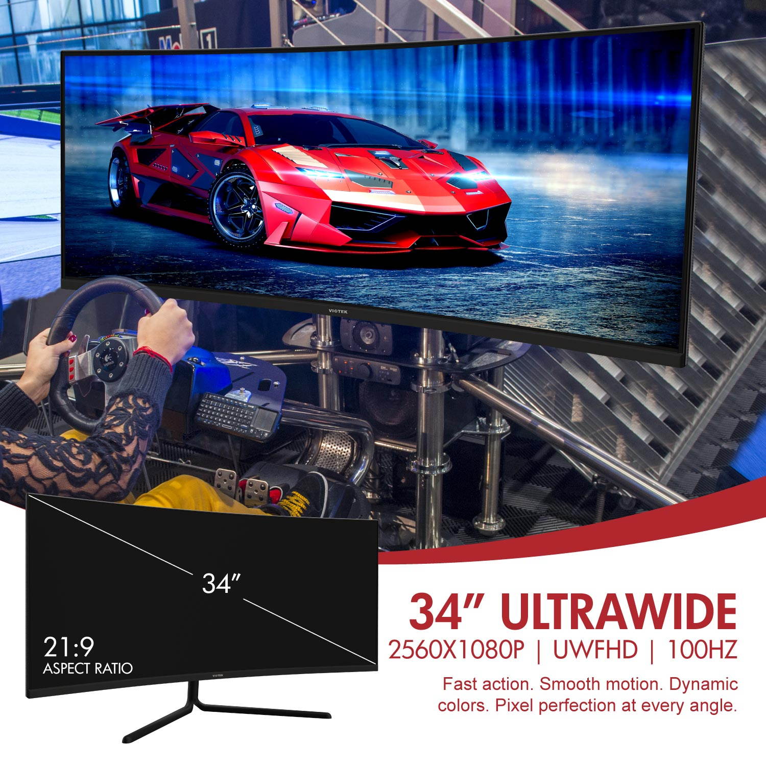 VIOTEK GNV34CB 34" Ultrawide Curved Gaming Monitor | 2560 x1080 100Hz 21:9 | Ultra-Bright VA Panel w/ Dynamic Color + FreeSync | HDMI DVI DP 3.5mm | Deep 1500R Curvature (VESA)