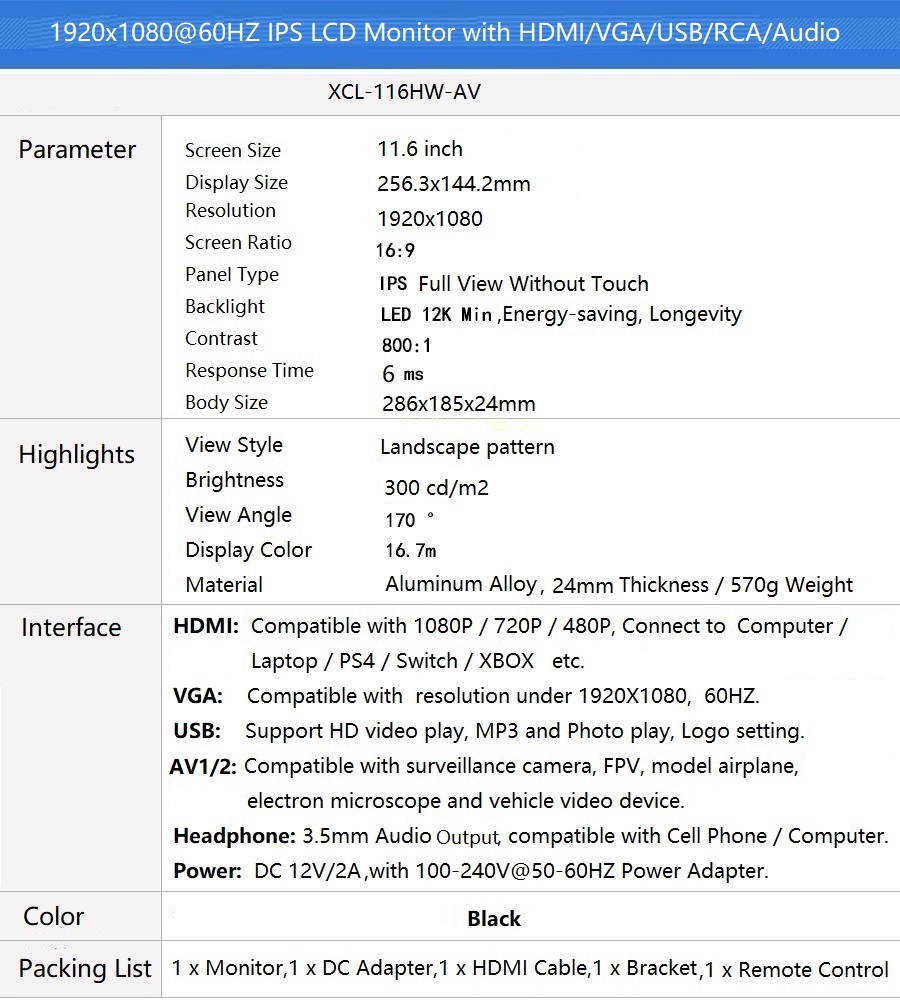 11.6" Portable Display 11.6 inch 1920x1080 60HZ Full HD 1080p IPS LED LCD Monitor with HDMI VGA USB AV  Headphone Ports, 12V 2A DC Power Supply,  Dual Built-in Speaker.