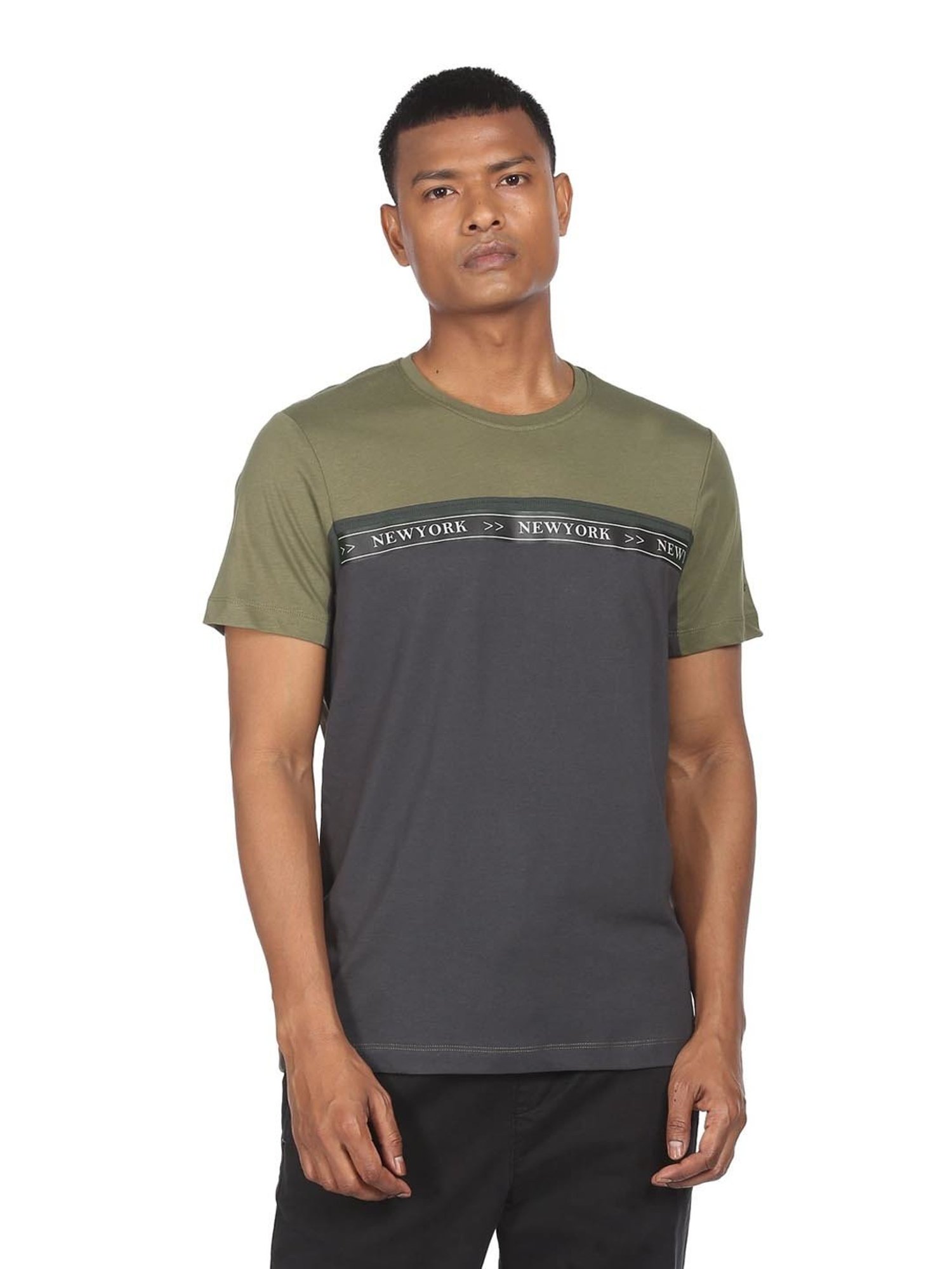 Arrow New York Olive & Grey Cotton Regular Fit Colour Block T-Shirt