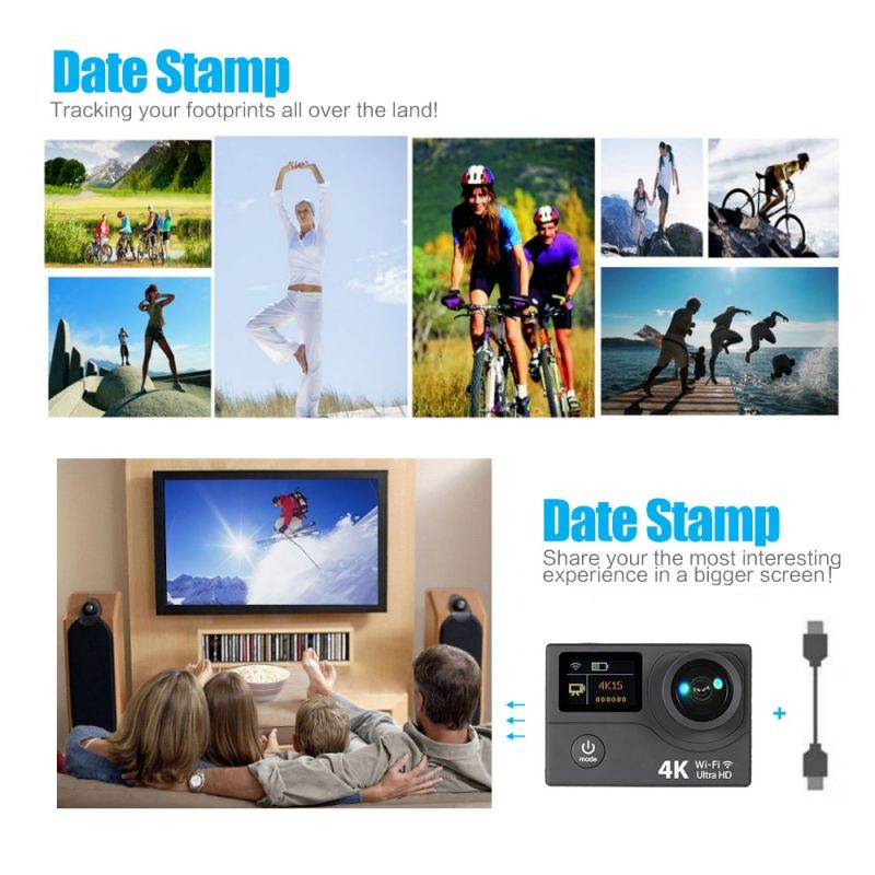 2 Inch Dual Screen LCD Ultra HD Wifi Sports Action Camera 4K 15fps 1080P 60fps 12MP 170&deg; Wide-angle for HDMI Output Waterproof 30m Cam Car DVR FPV