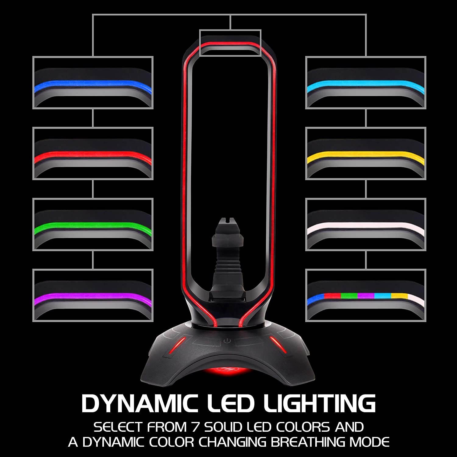 ENHANCE Gaming Headset Stand - LED Headphone Hanger with Mouse Bungee and 2 Port USB Hub - 7 RGB Colors + Color Changing Mode, Headset Hanger, Mouse Bungee 3-in-1 Gaming Desktop Accessory PS4, Xbox