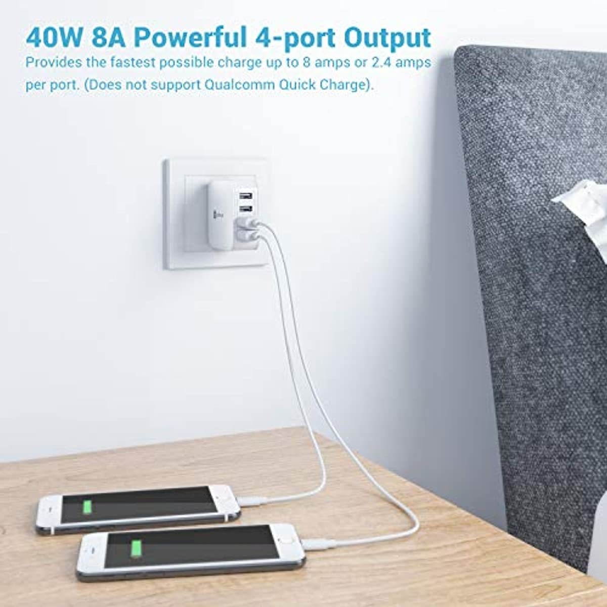 iClever USB Wall Charger, 40W 8A 4-Port Charging Station with Foldable Plug, USB Power Adapter for iPhone 11 Pro Xs/XS Max/XR/X/8/7,iPad Pro/Air 2/Mini 4/3, Galaxy/Note/Edge, LG, Nexus, HTC, and More