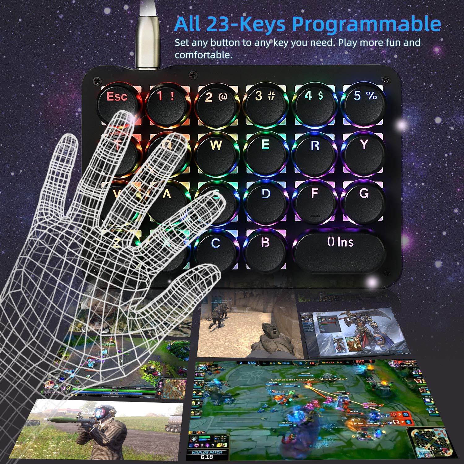 Koolertron One Handed Macro Mechanical Keyboard,RGB LED Backlit Portable Mini One-Handed Mechanical Gaming Keypad 23 Fully Programmable Keys Red Switches with Retro Classic Typewriter Round Keycaps