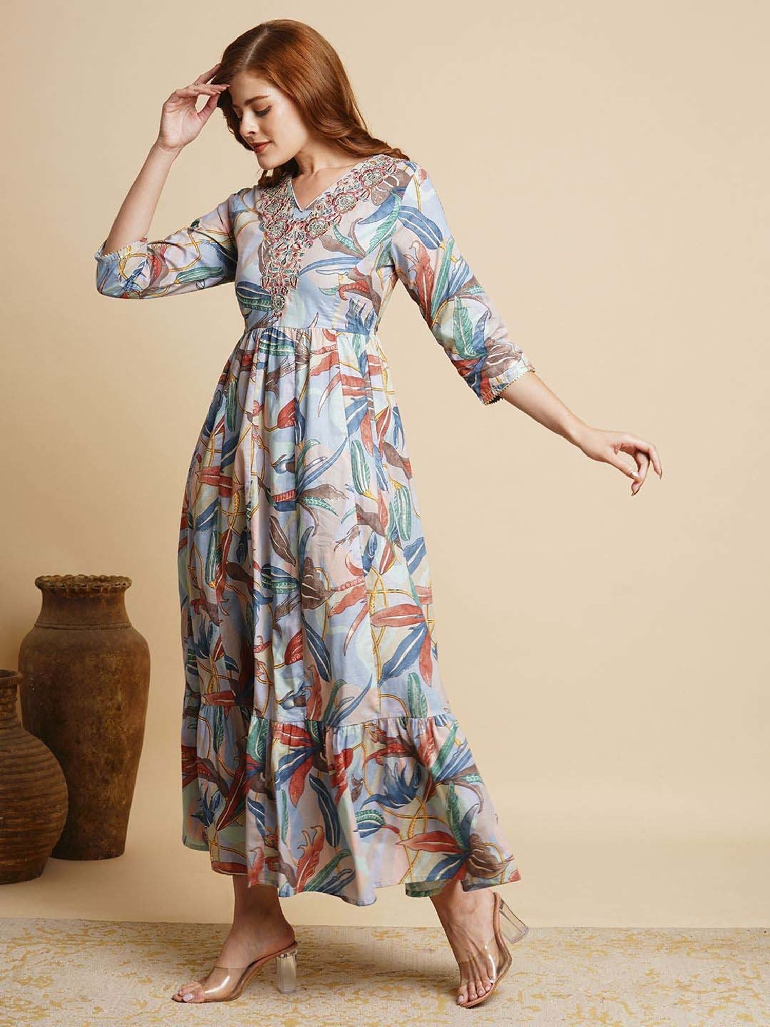 Fashor Blue Cotton Printed Maxi Dress