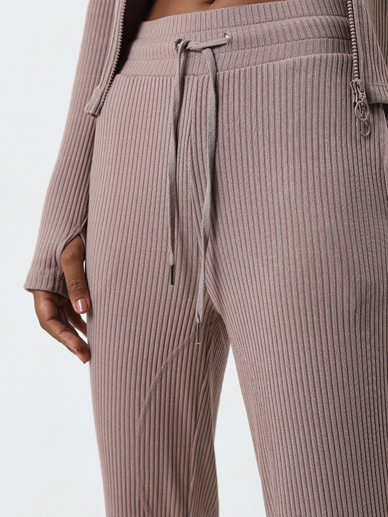 Studiofit by Westside Light Brown Ribbed Textured High-Rise Track Pants