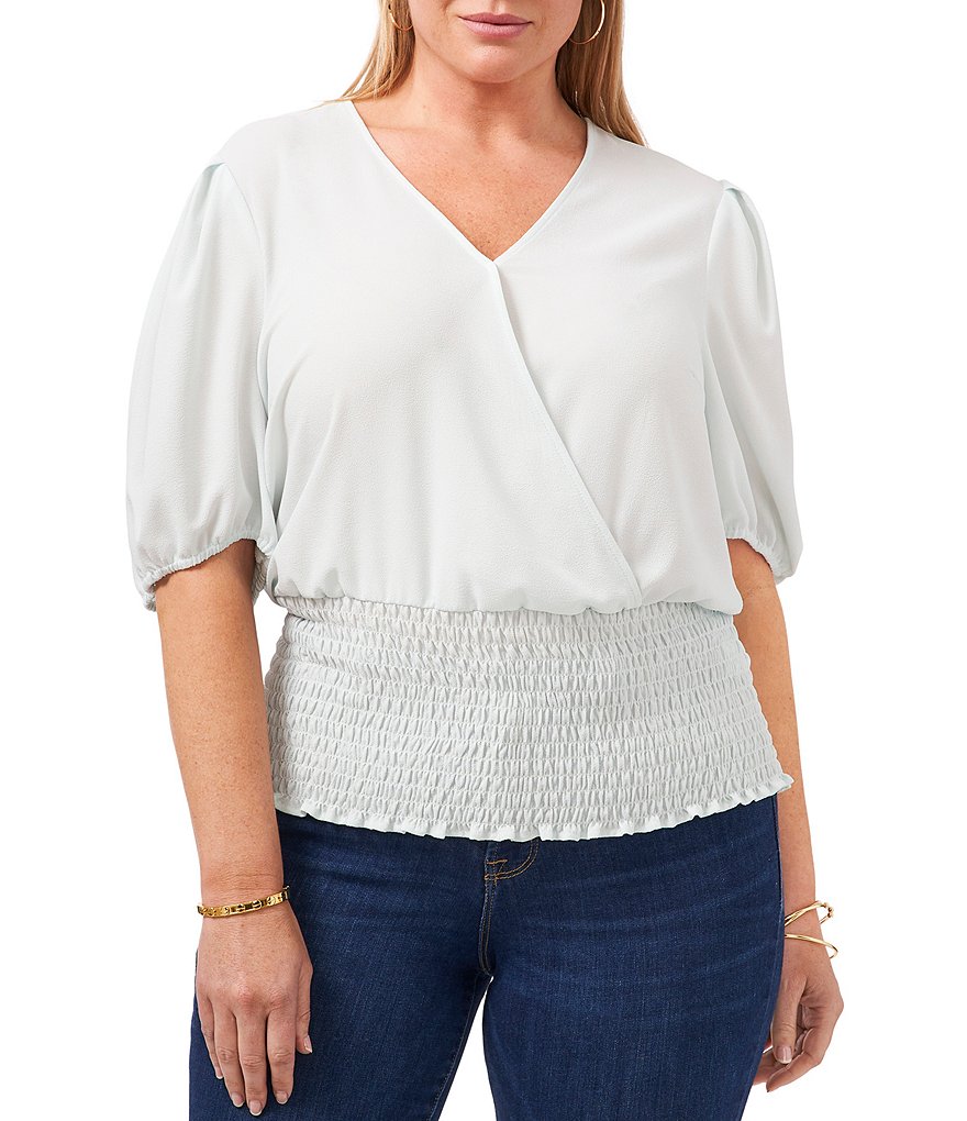 1. STATE Plus Size Surplice V-Neck Short Puff Sleeve Smocked Waist Top