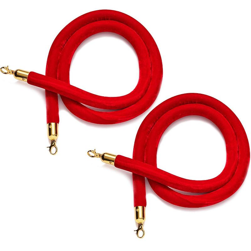 Juvale 2 Pack Red Velvet Stanchion Rope Crowd Control Barrier with Gold Chrome Plated Hooks, 6.6 feet