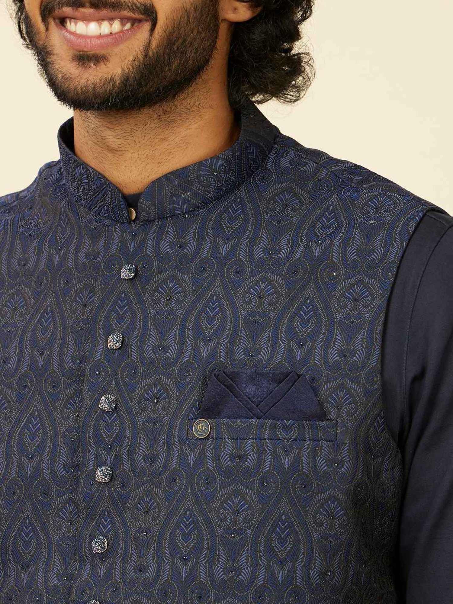 Manyavar Dark Blue Embroidered Nehru Jacket