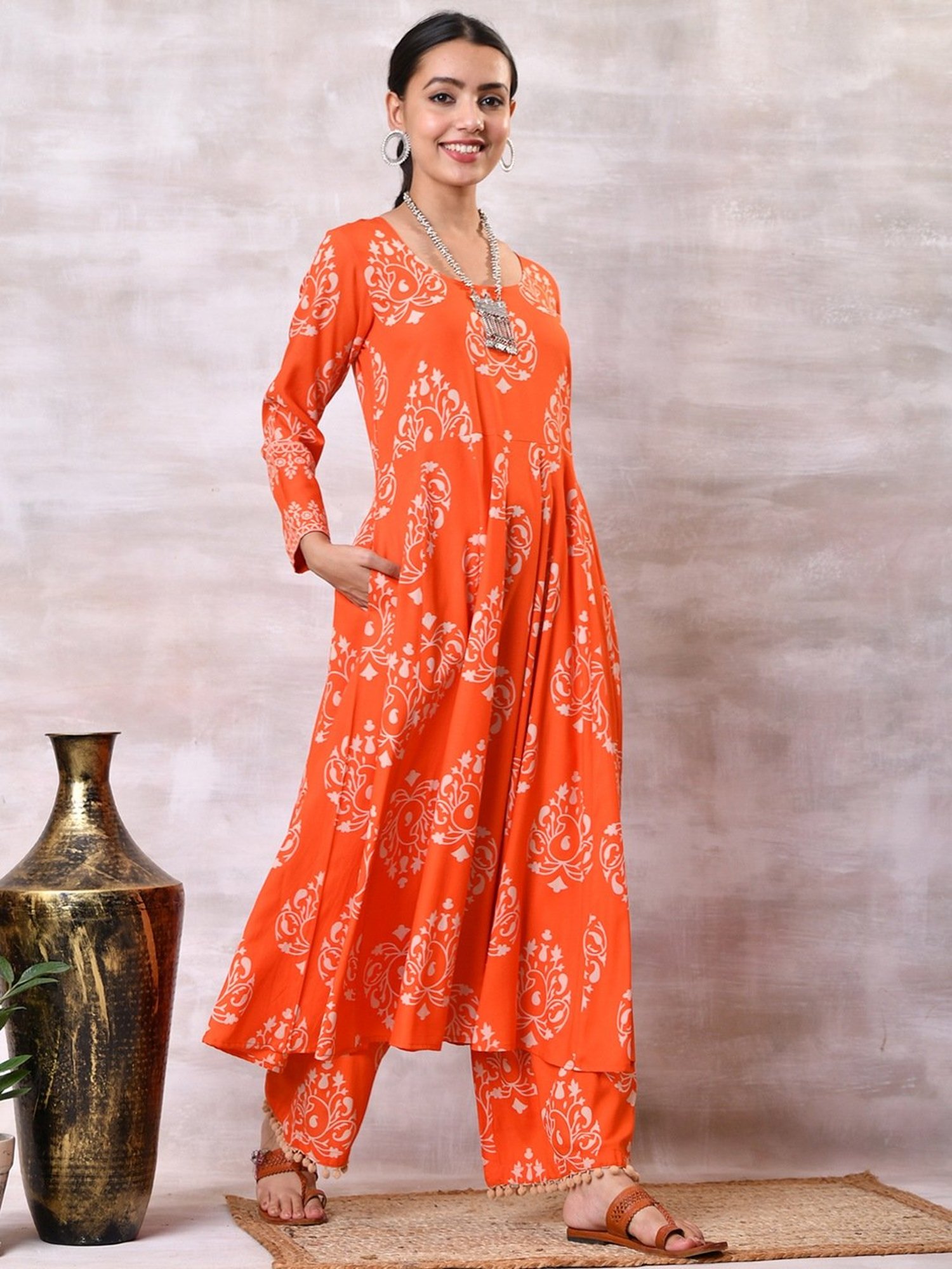 Rustorange Orange Printed Kurta Pant Set With Dupatta