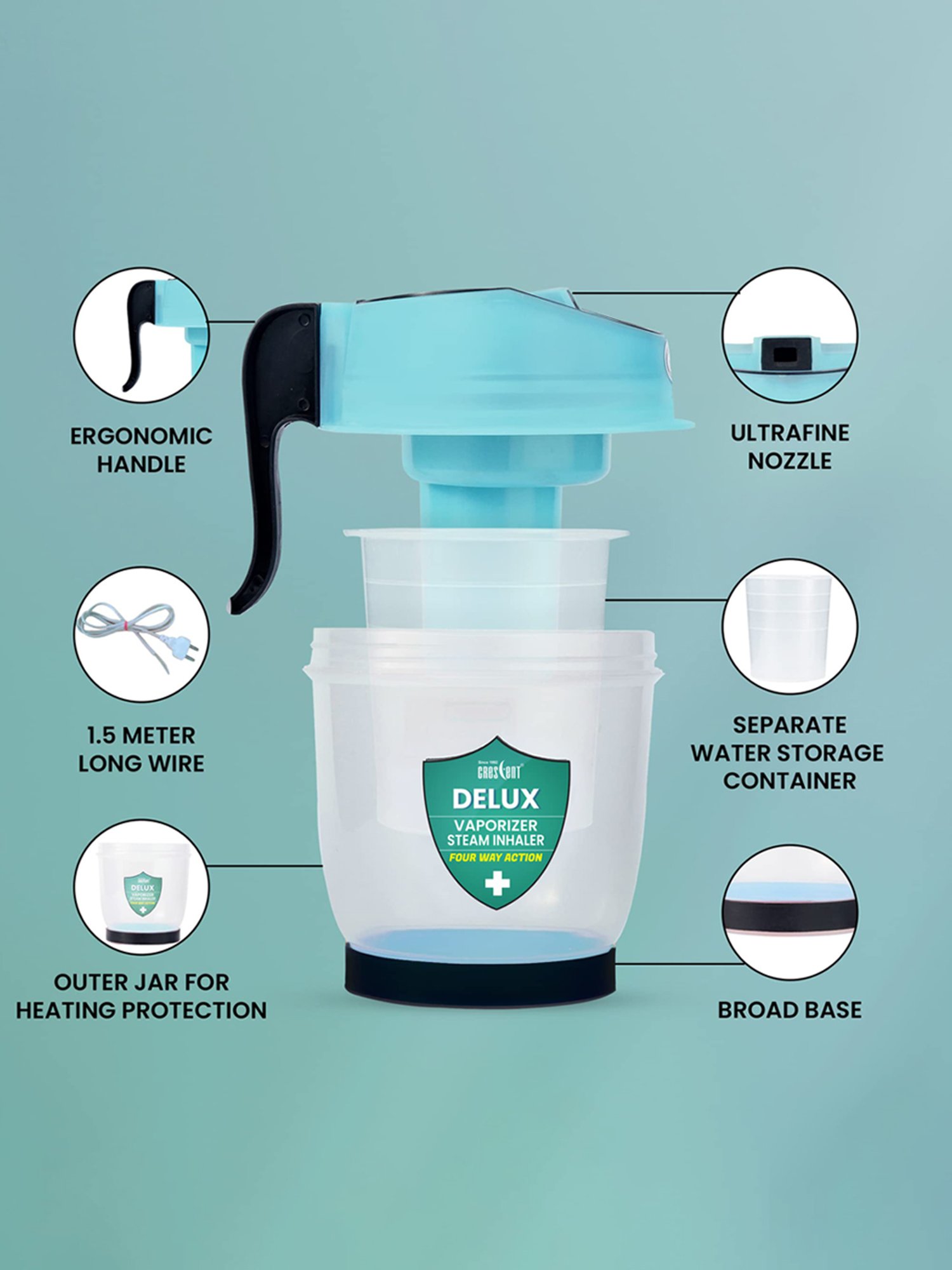 Crescent Delux Facial Steamer Vaporizer for Cold & Cough, Separate Water Container (Ice Blue)