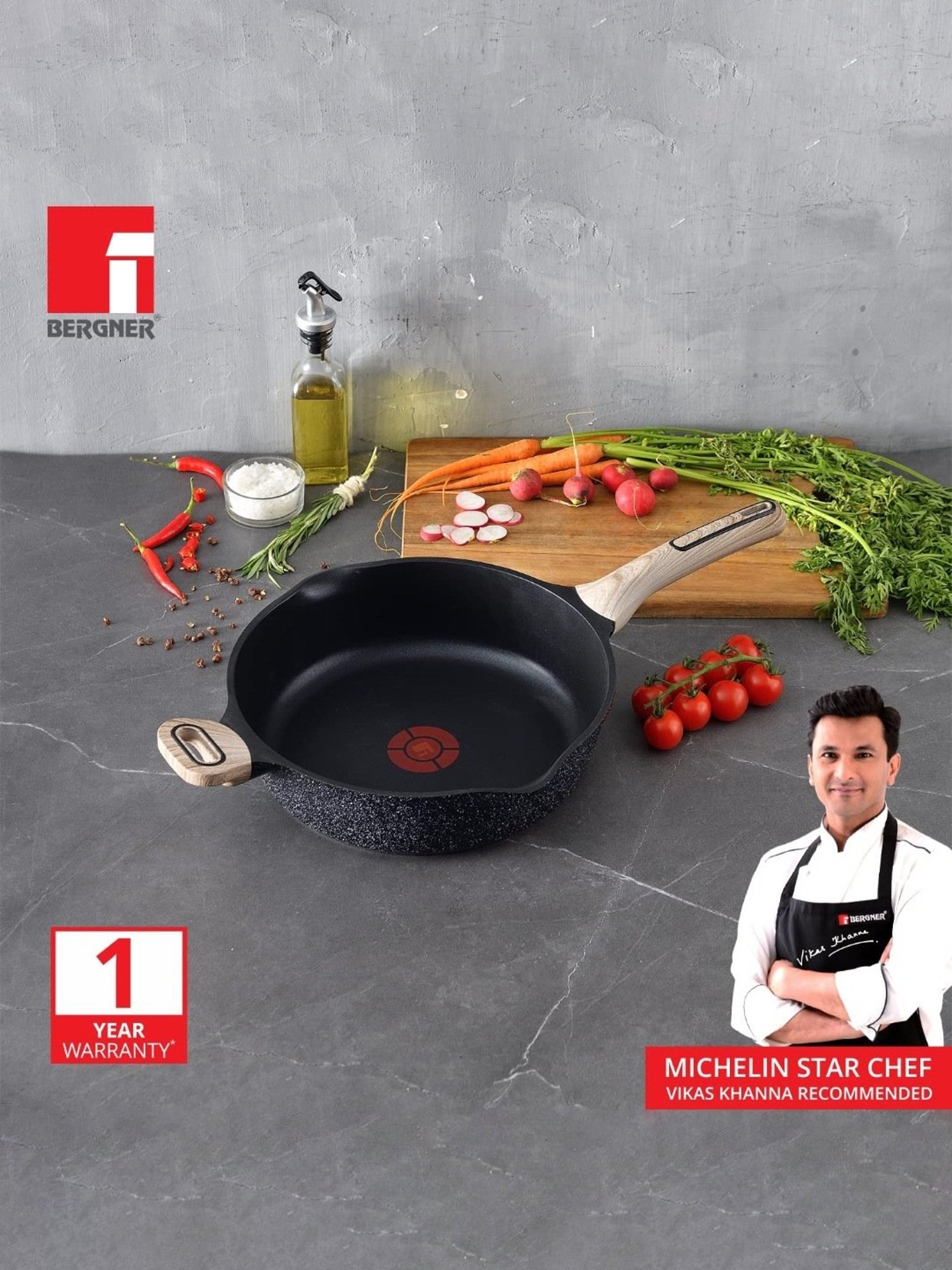 Bergner Grey Non-Stick Marble Induction Base Deep Frypan with Lid - 28cm (3.2L)