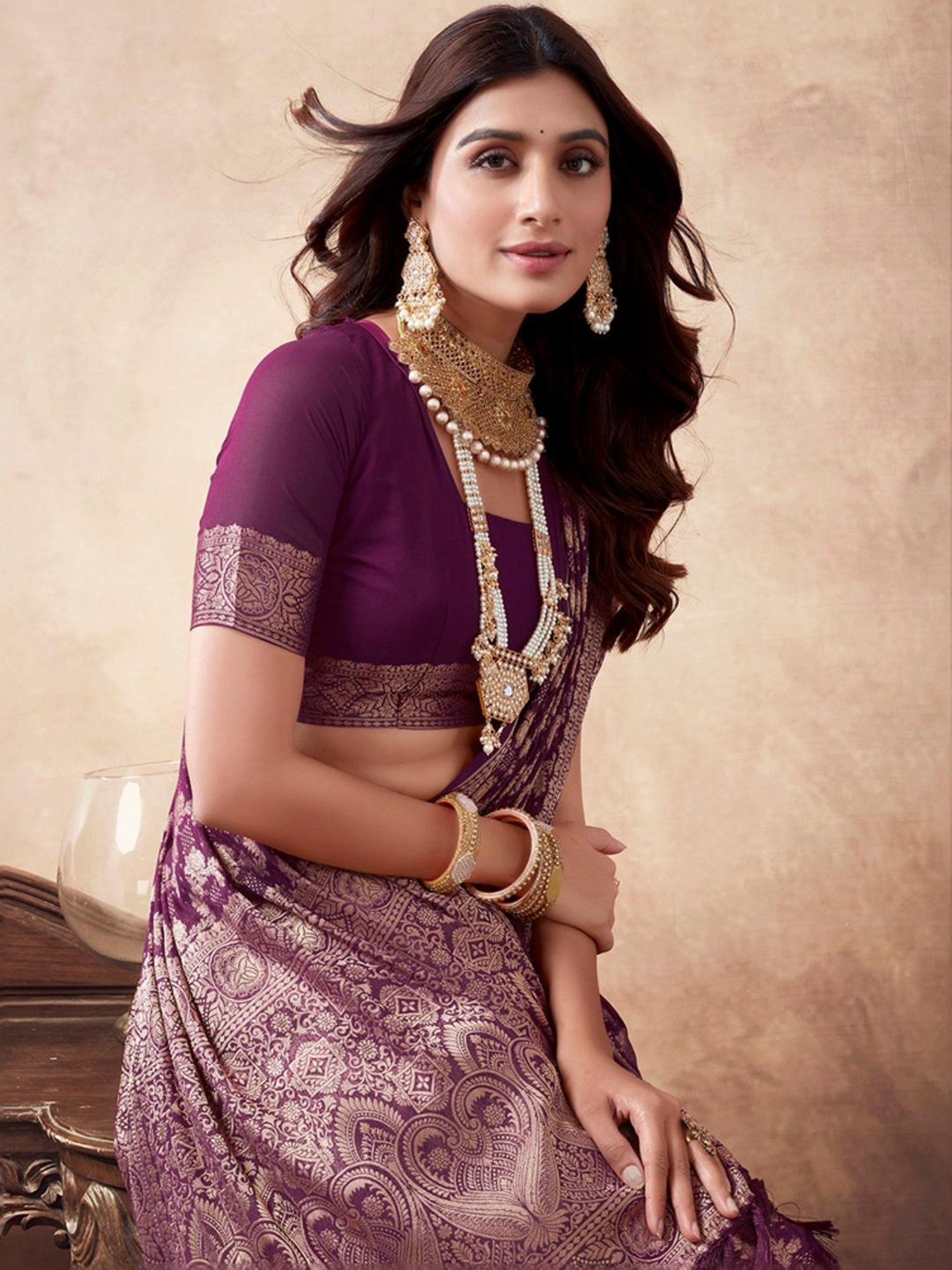Satrani Purple Woven Saree With Unstitched Blouse