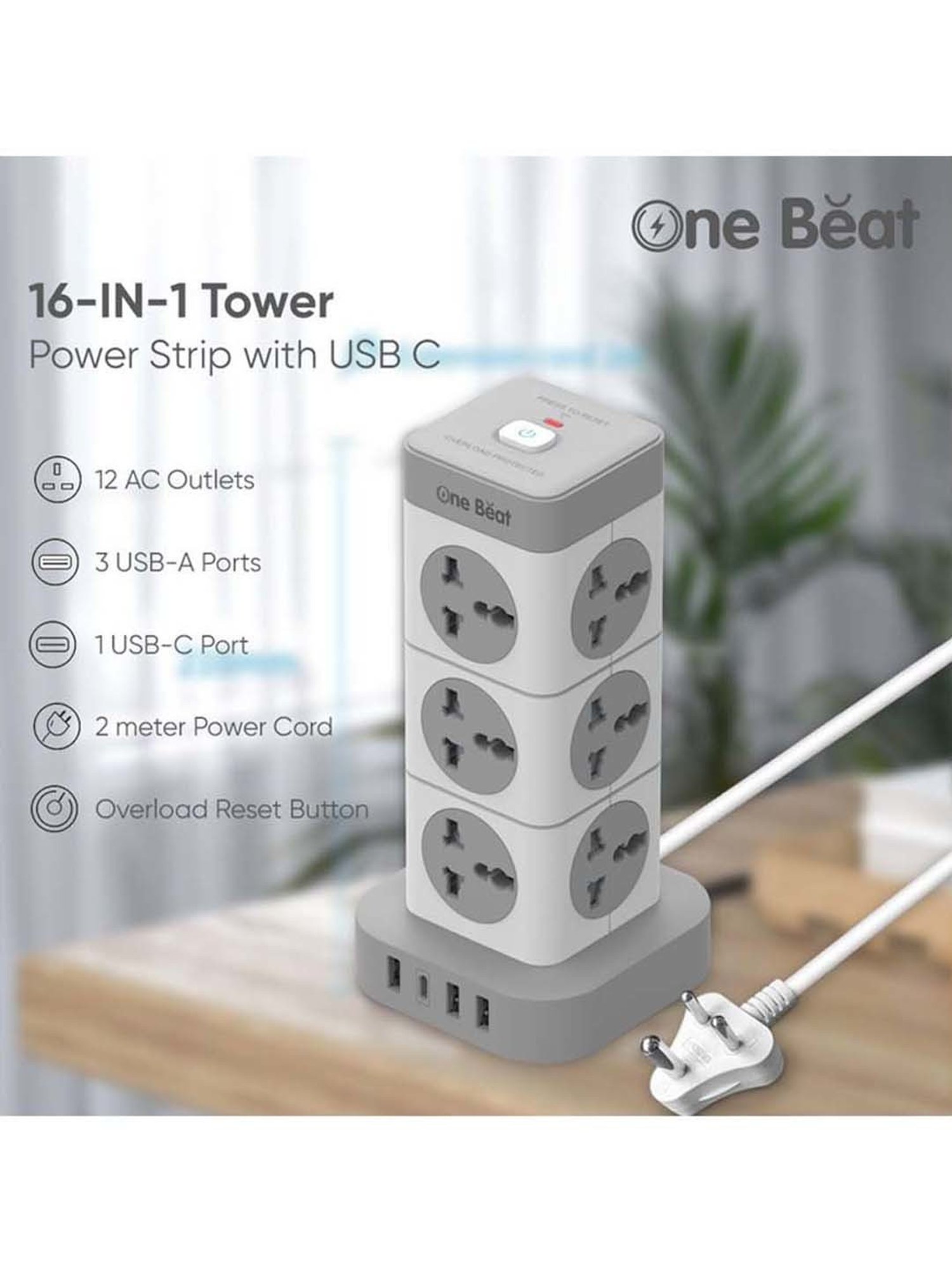 One Beat Tower 12 Socket Extension Boards with LED Indicator (White, 2 m)