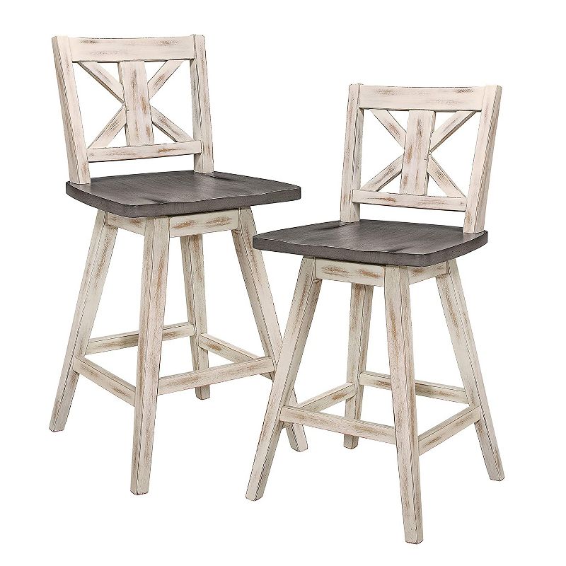 Homelegance Amsonia 360 Swivel High Dining Chair Stool Set for Counter Height Bars, Pubs, or Kitchens, Distressed White and Gray (2 Pack)
