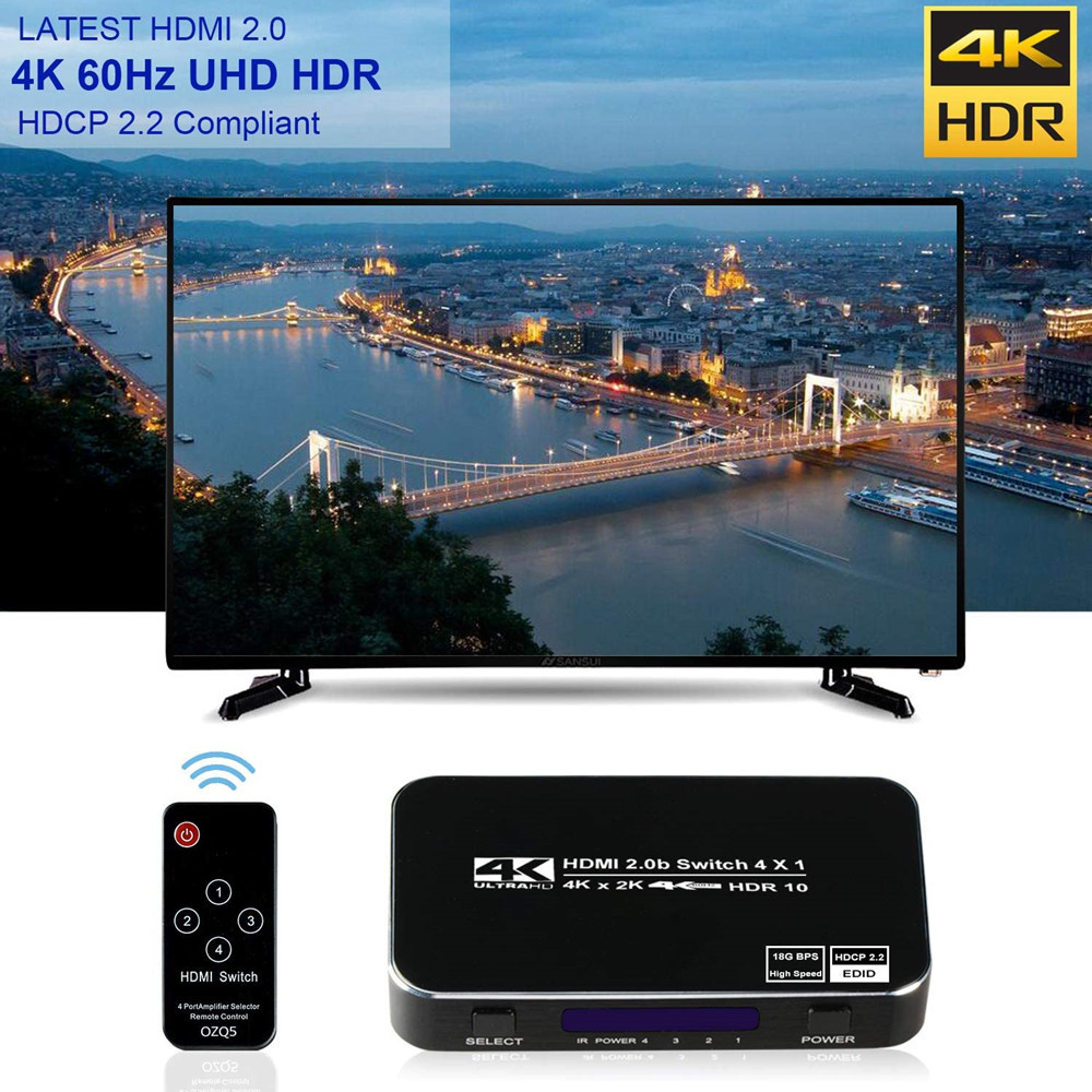 4K HDR HDMI Switch, YXwin 4 Ports 4K 60Hz HDMI 2.0 Switcher Selector with IR Wireless Remote, Supports UltraHD Dolby Vision, High Speed(Max to 18.5Gbps), HDR10, HDCP 2.2 & 3D