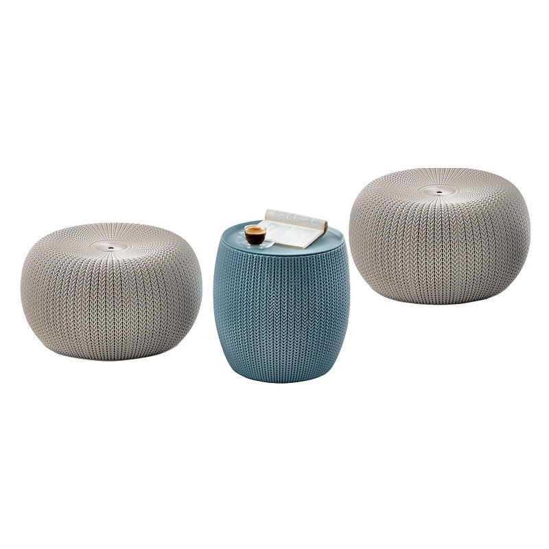 Urban Cozy Knit Outdoor Poufs and Table Balcony 3 Pc Set - Taupe/Blue - Keter