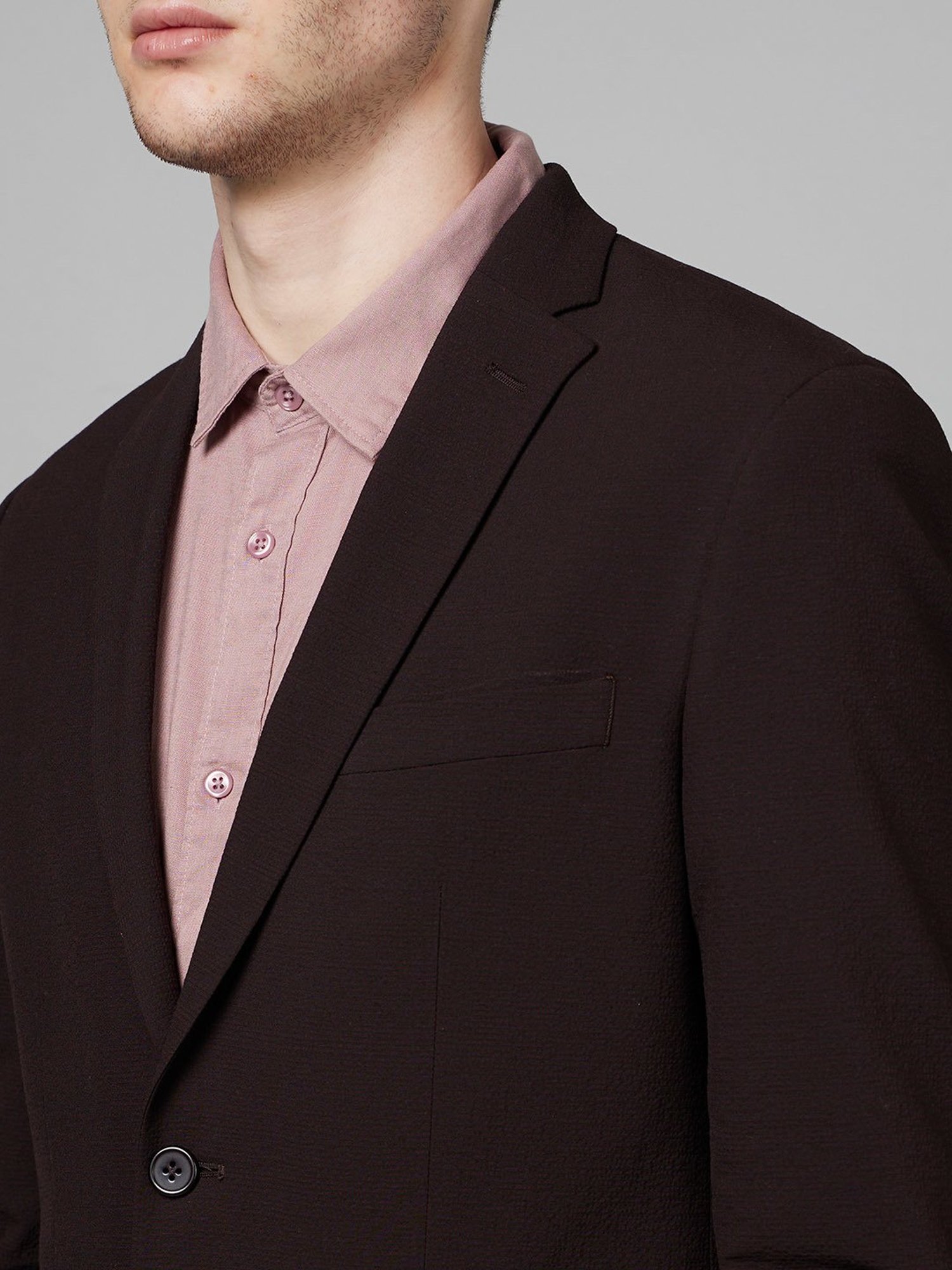 celio* Burgundy Slim Fit Self Design Notch Lapel Blazer