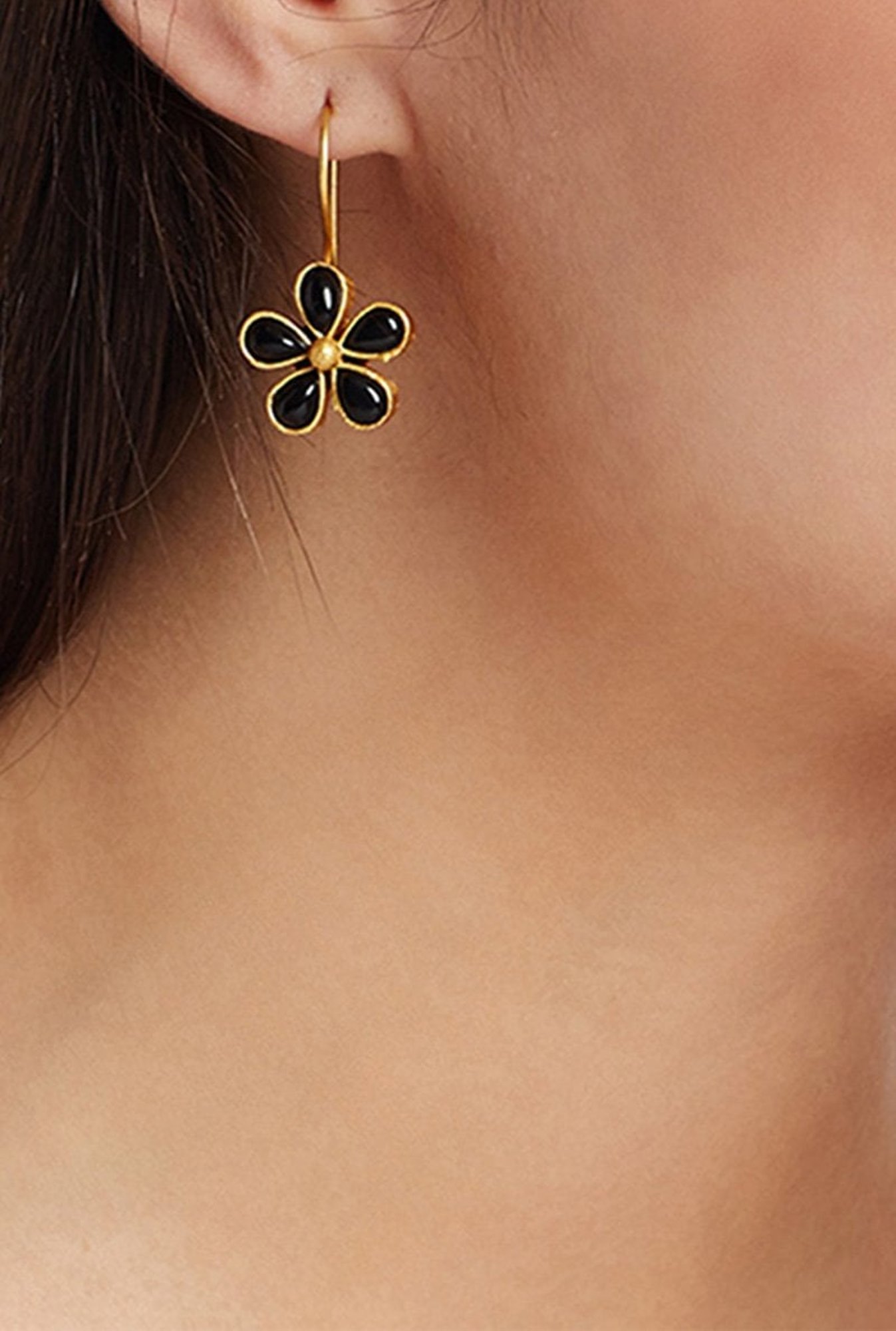 Panash Black & Golden Brass Floral Drop Earrings