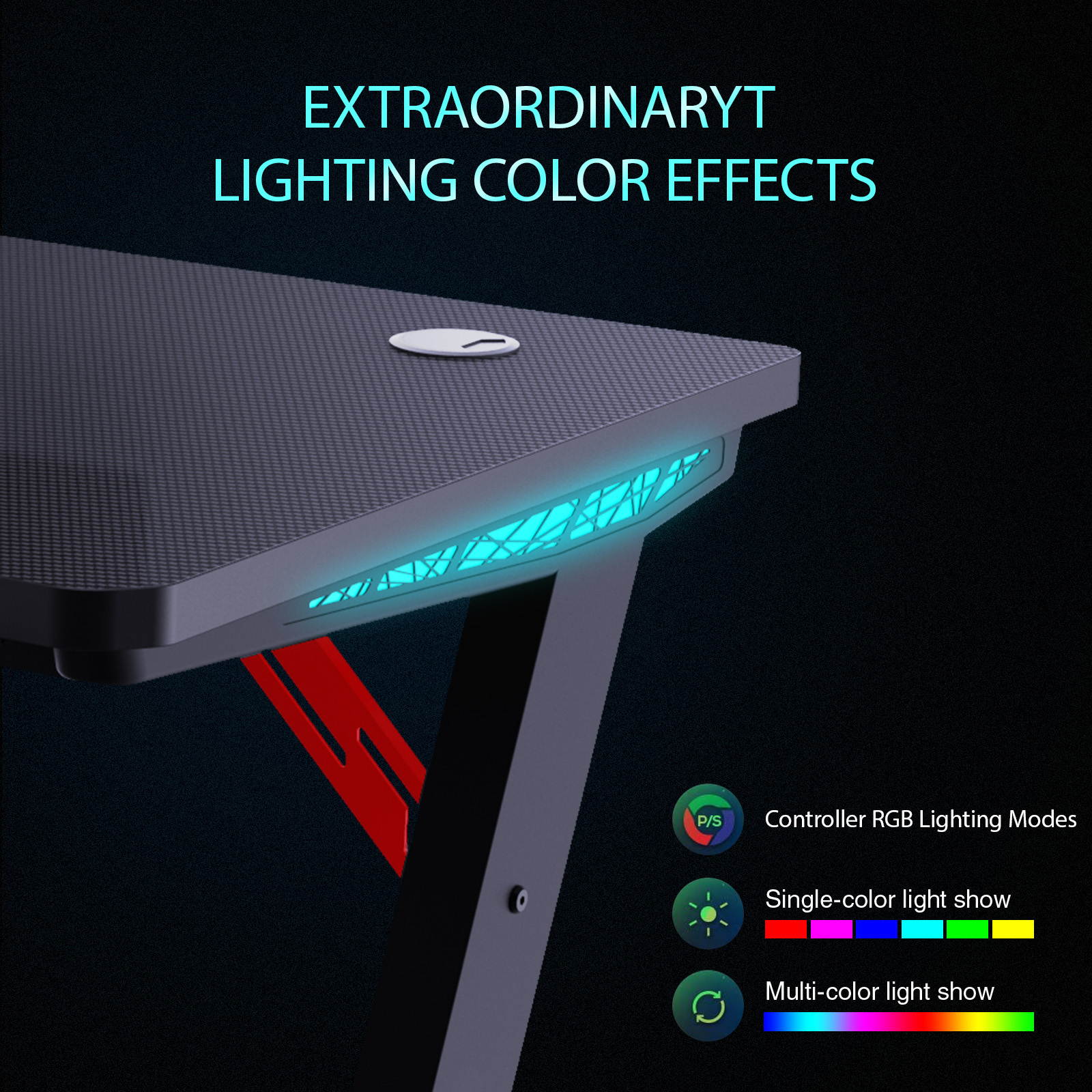 ESGAMING 1.3mm thickness Steel 47.3 Inch Gaming Desk with RGB Lights Controller with Cup Holder, Headphone Hook and Socket Rack