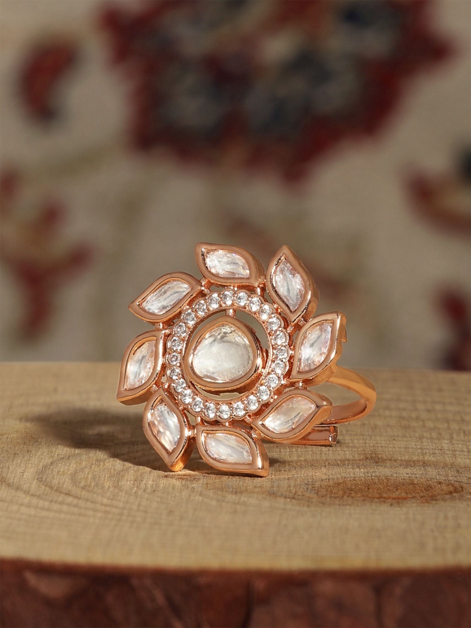 Zaveri Pearls Rose Gold Tone Dazzling Cubic Zirconia Embellished Brass Adjustable Ring-ZPFK17187